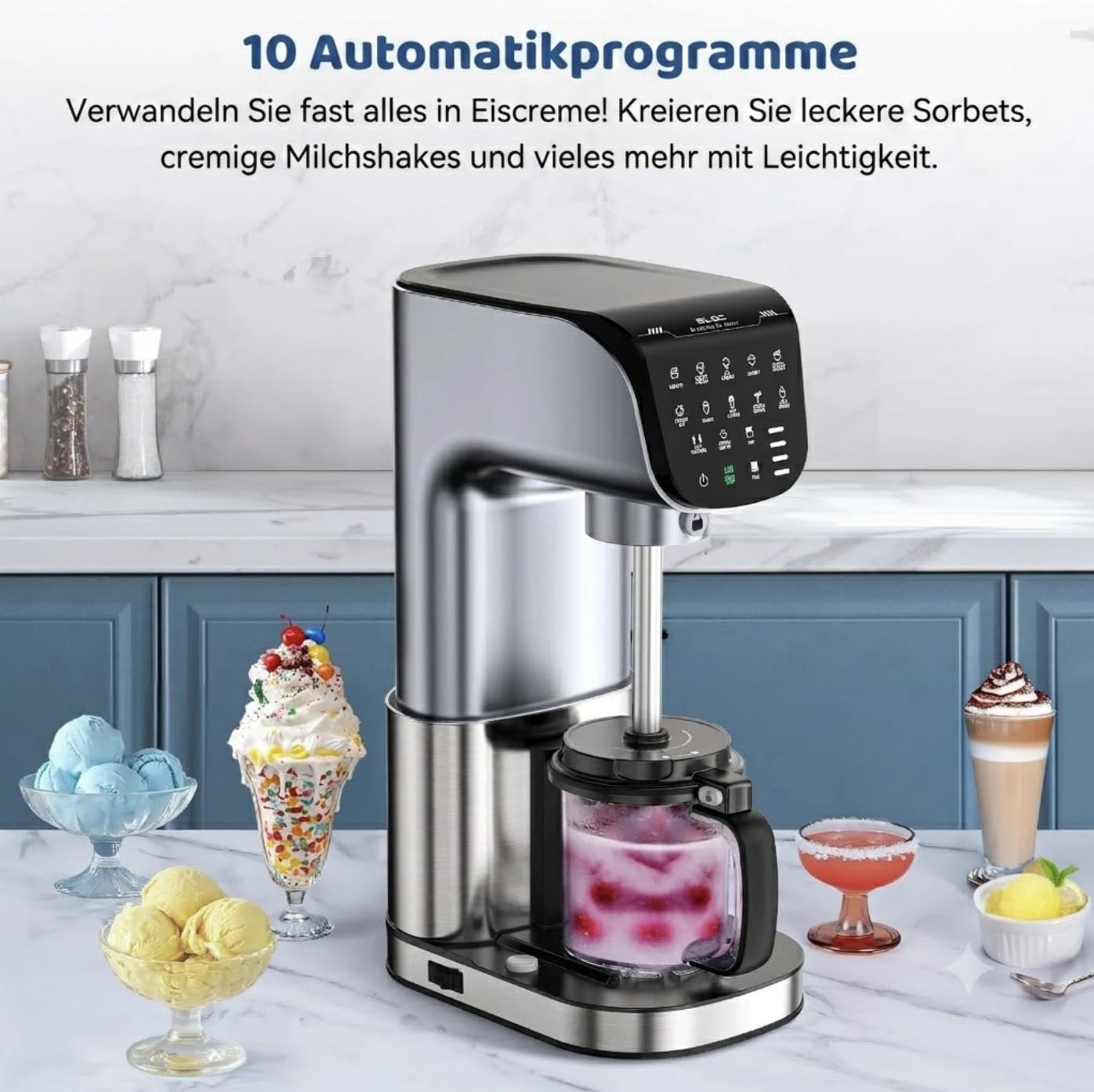 Eismaschine 10-in-1 Edelstahl – Gelato, Sorbet, Frozen Yogurt, 3 BPA-frei