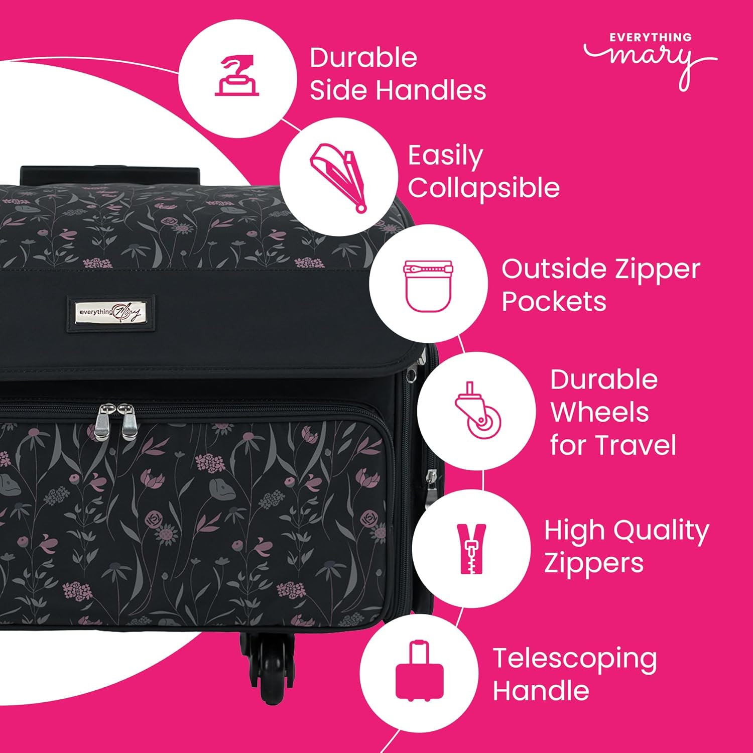 Everything Mary XL Rolling Sewing Machine Case – Black Floral Craft Bag with 4 Wheels – Collapsible Organizer Compatible with Brother, Singer & Most Sewing Machines