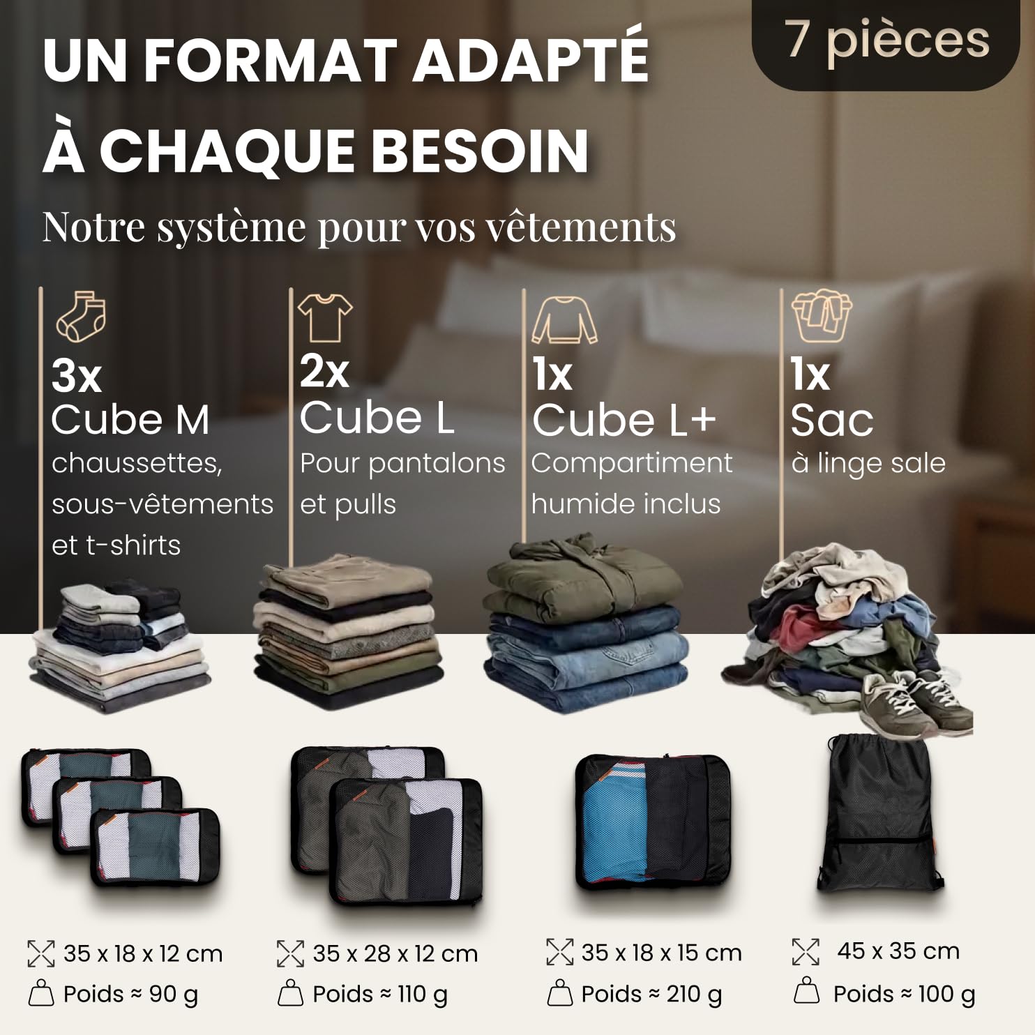 LOONARA Sacs de compression pour valises et sacs à dos [7 pièces] - Cubes compressibles, organiseurs bagages, sacs de voyage, accessoires camping et randonnée (Ardoise Alpine - Gris)