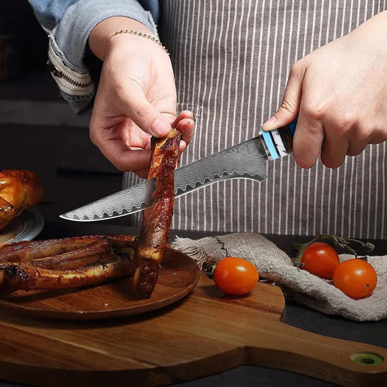 Set Couteau Cuisine, 3 Pièces Couteaux de Cuisine Professionnelle - Couteaux de Chef 20CM, Couteau Santoku 17,5CM, Couteau à Désosser 15CM - Résine Bleue Handle avec Boîte Cadeau