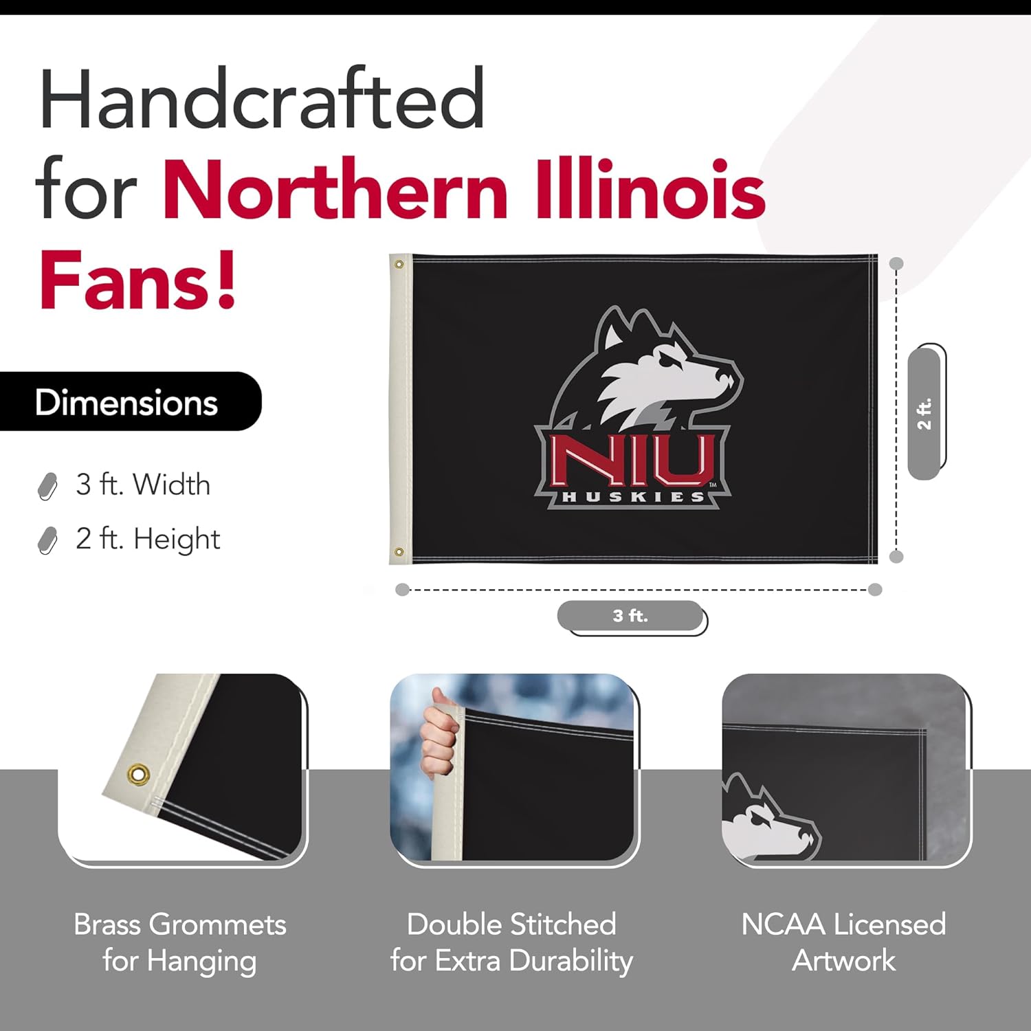 Northern Illinois Huskies College Sports Printed Flag - NCAA Licensed - Nylon - School Banner (Black, Red) (2' x 3')
