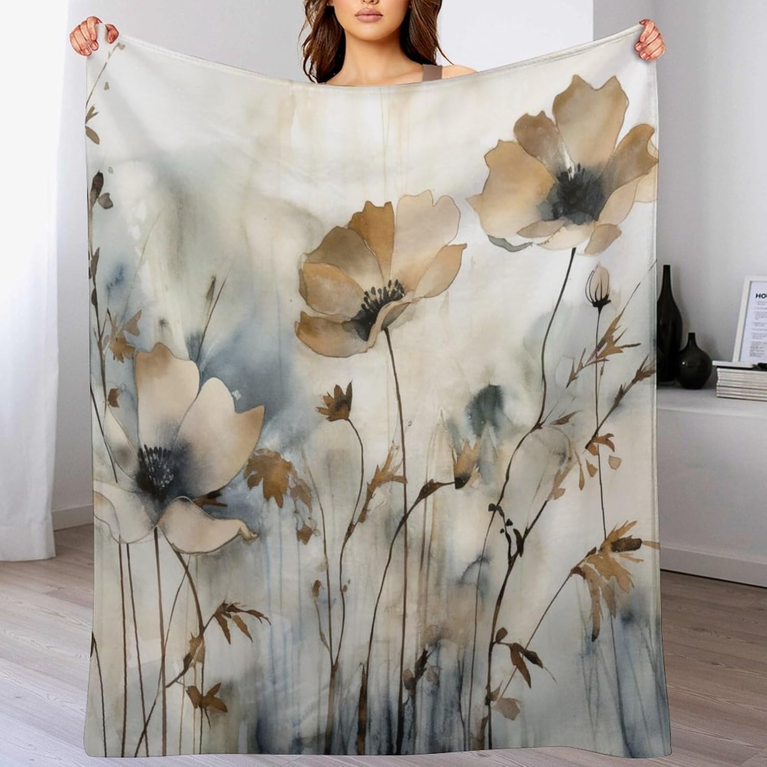 Beige Flowers Cream White Decorative Blanket White Watercolor Floral Warm Blanket 60"x80" Throw Blankets Flannel Blanket for Couch Sofa Bed for Adult Kid Birthday Suitable for All Season