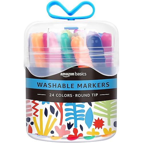 Amazon Basics Washable Markers for Kids, Round Tip Assorted, Pack 24