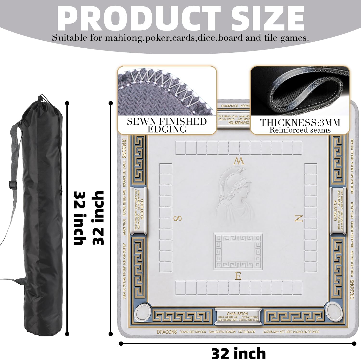 ARELUX Neoprene Mahjong Mat with Carrying Bag 32"x32" No Creases Rolled Shipping American Mahjong Mat with Charles Rules Anti-Slip & Noise Reduction Table Cover for Poker, Card & Board Game (White)