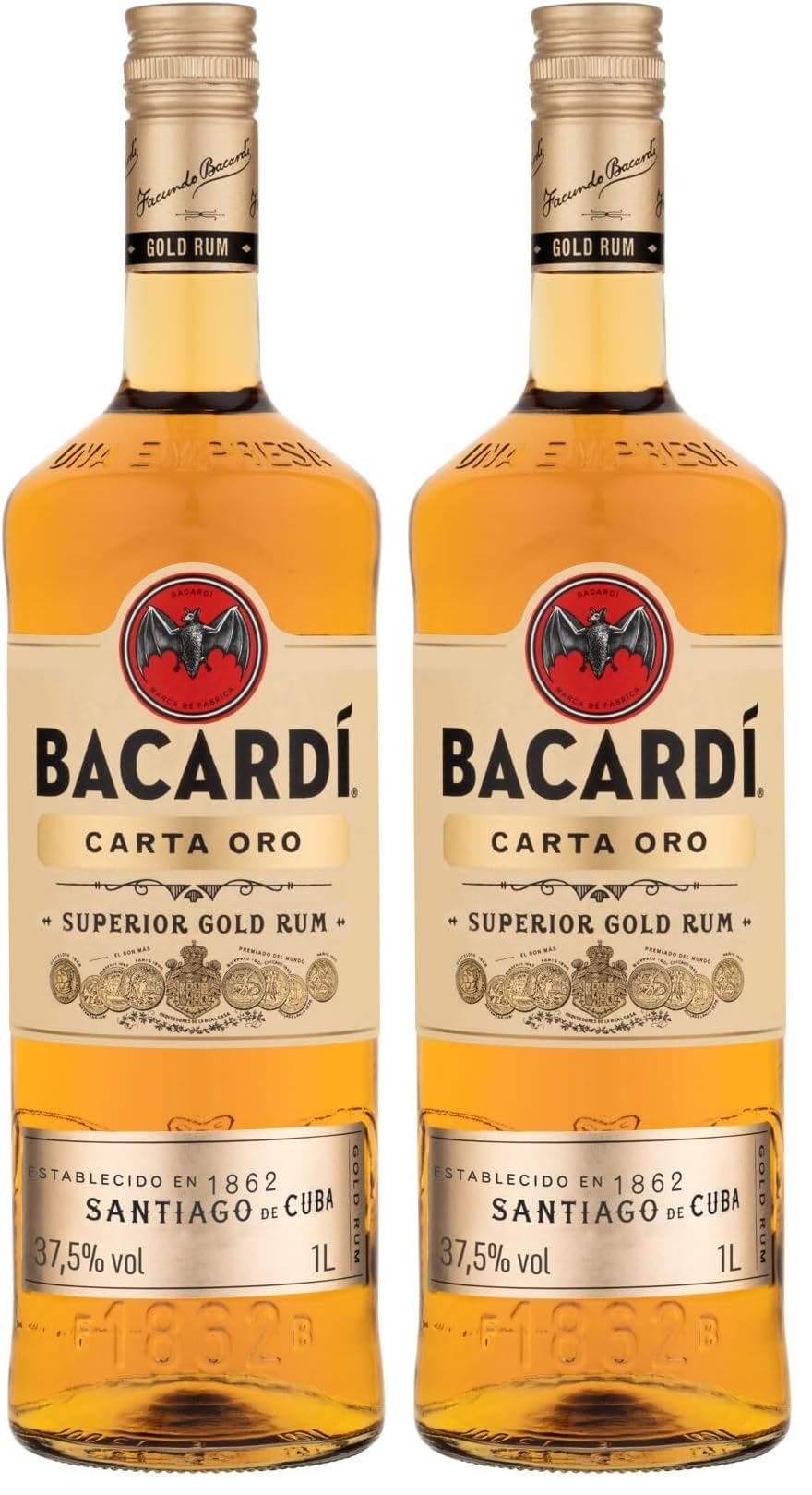 Ron Dorado Superior BACARDÍ Carta Oro, ALC. 37,5%, 100 cl / 1 L, un ron caribeño icónico, ideal para el cóctel Cuba Libre (Paquete de 2)