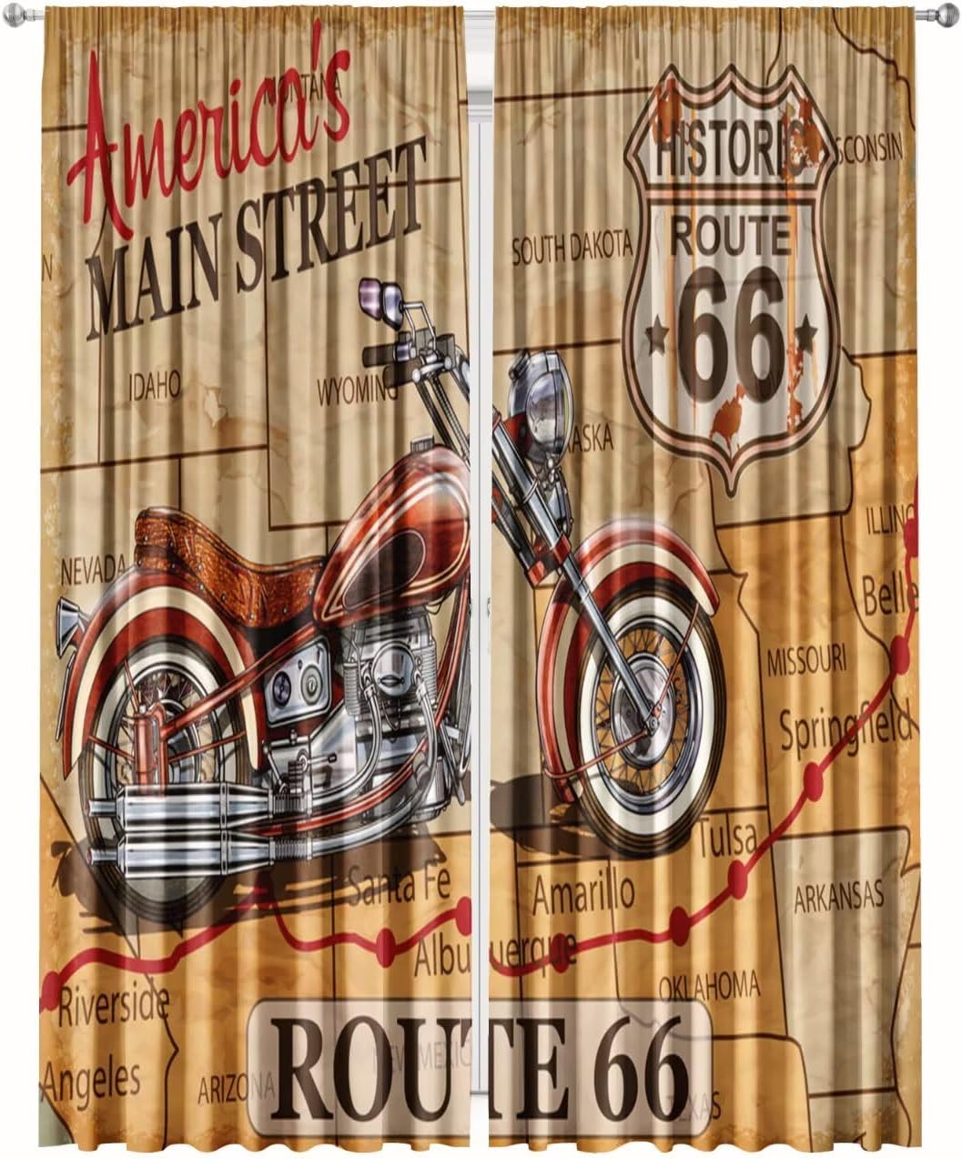 Vintage Motorbike Blackout Curtains, Rustic Motorcycle Sport Theme Art Printed Yellowed Map Pattern Decor Windows Treatments, Rod Pocket Drapes for Cafe Man Cave Boys Room, 42 x 54 inch 2 Panels
