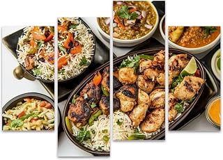 Assorted south indian food Mutton Brain Masala Chicken Tangdi Chicken Canvas Prints Wall Decor 4 Pieces Contemporary Framed Artworks for Living Room Bedroom Bathroom Office Home Decoration Gifts