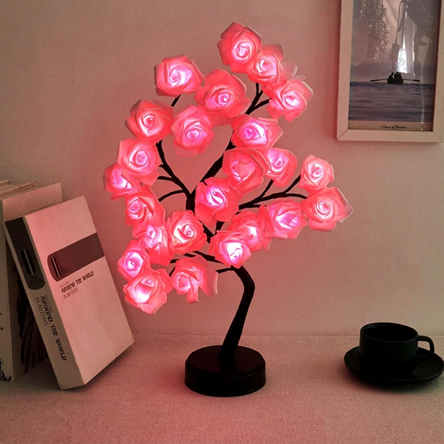 Rose Flower Tree Lamp, LED Rose Bedside Table Lamp Battery Powered or USB Adapter, Nightstand Lamp for Living Room, Bedroom, Office Gift for Mother’s Day Anniversary Birthday (Pink)