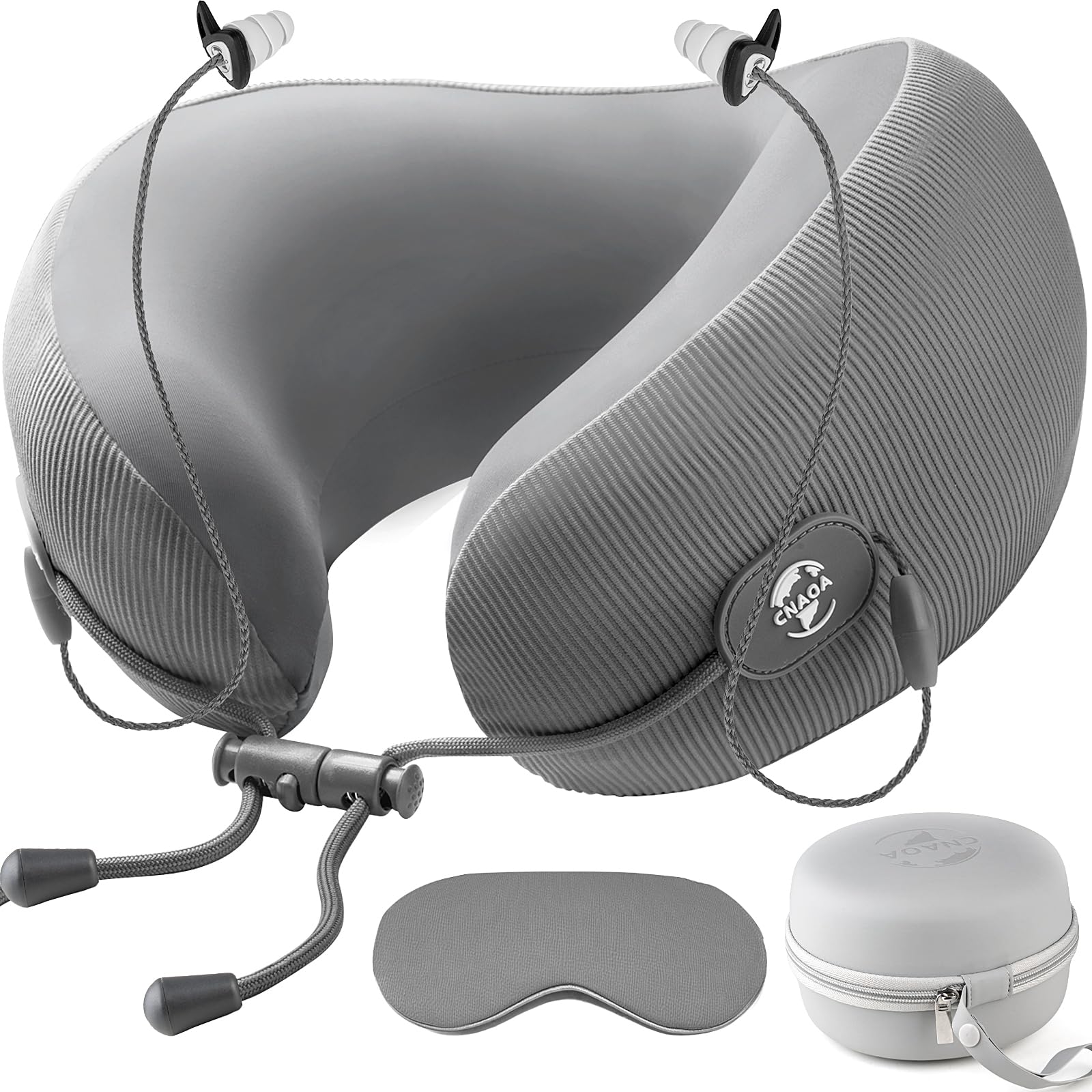 Photo 1 of CNAOA Travel Pillow for Airplanes, Neck Pillow eases Neck and Shoulder Pain on Long Flights, Adaptive Memory Foam Sleep Support, Portable Carry Case, Eye Mask and Earplugs Travel Set(Grey I)