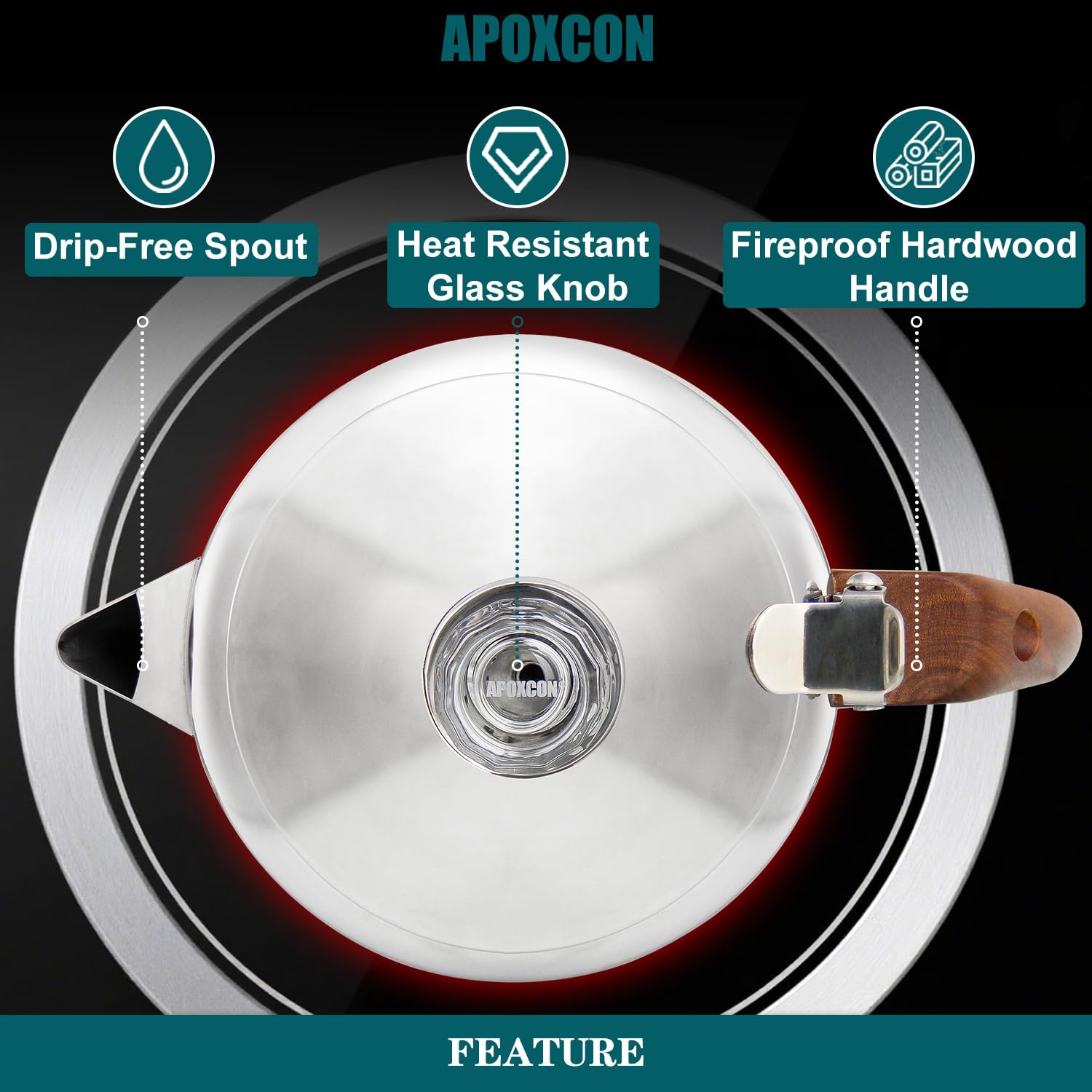 APOXCON Percolateur à café en acier inoxydable avec poignée en bois massif ignifuge et bouton de progression en verre transparent résistant pour le camping, utilisation sur n'importe quelle cuisinière