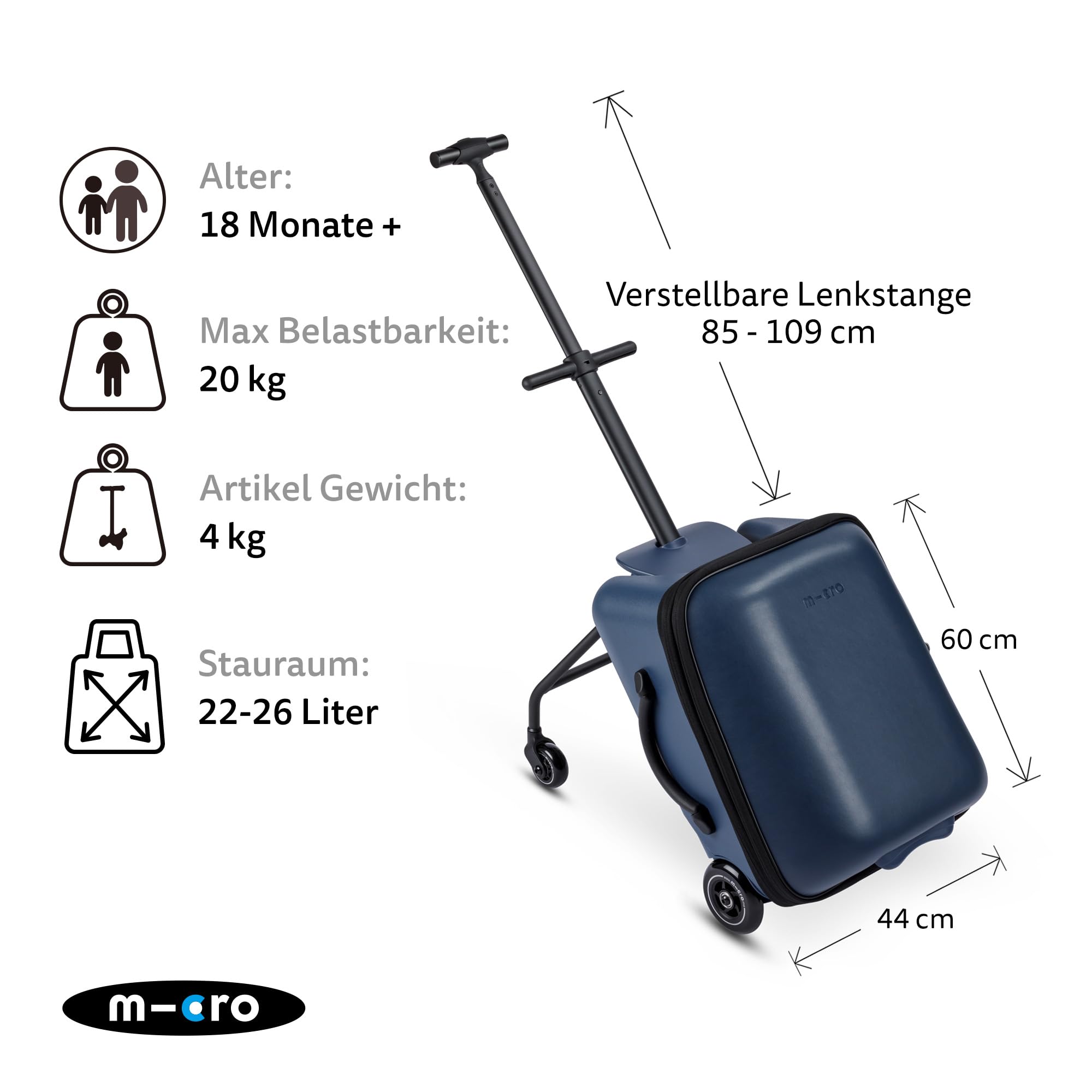 Micro™ Ride on Luggage Eazy Weekender | Das ORIGINAL | Reisetrolley mit Rollen | Höhenverstellbar & klappbar | Einkaufstrolley und Handgepäck konform | Koffer & Trolley in einem