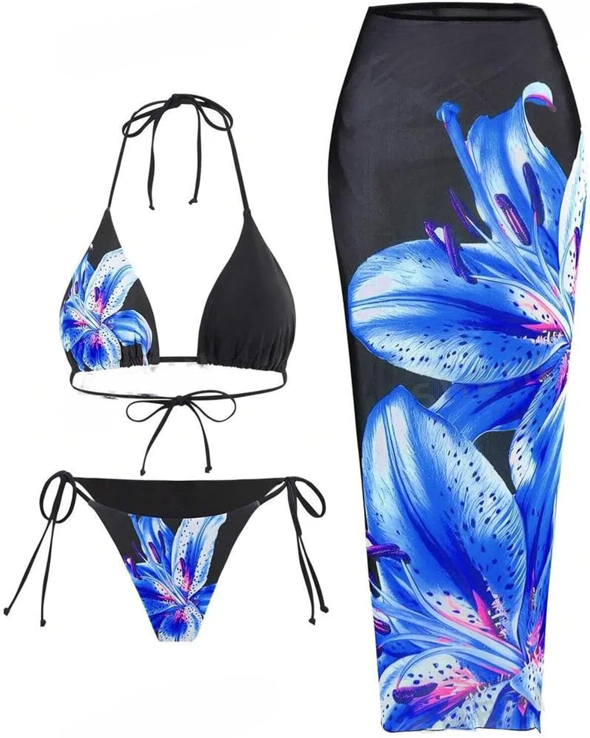 ZAFUL Womens 3pcs Swimsuit Floral Halter Triangle Bikini Top Tie Side Bottom with Long Sheer Cover Up Skirt