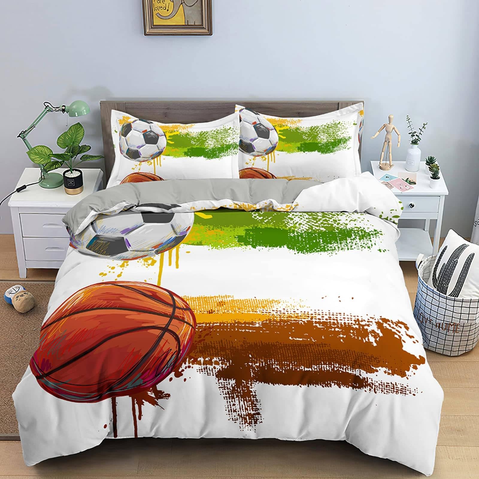 Housse de Couette 2 Personnes 220X240 motif ballon de foot et basket avec fermeture éclair