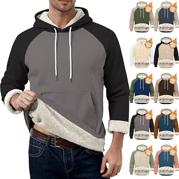 Hoodies for Men Pullover Winter Sherpa Lined Hoodie Pullover Cozy Hooded Athletic Color Block Sweatshirts Drawstring Fleece Pullover Sweatshirt Heated Big and Tall Hoodies for Men Warm Winter Clothes