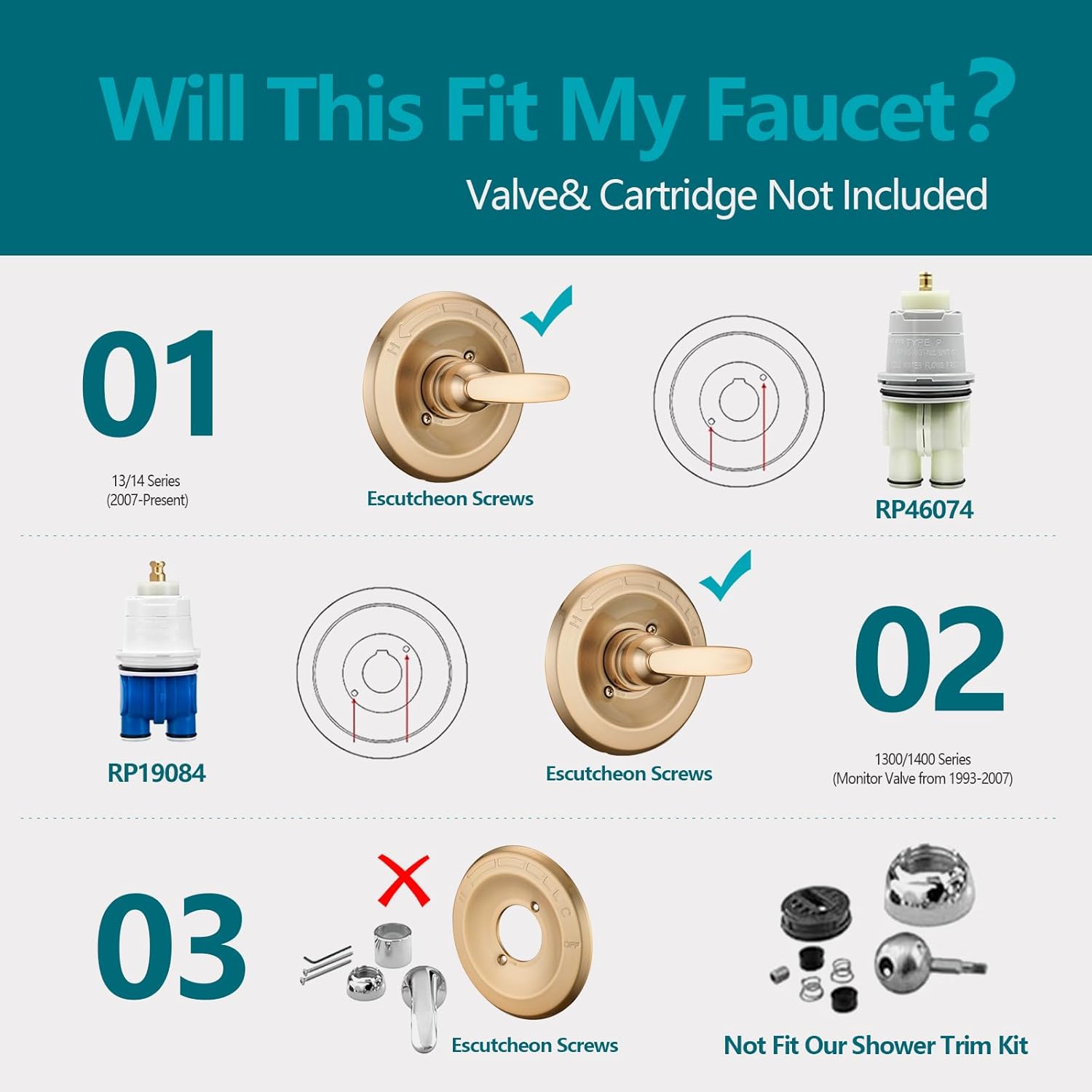 8" Rain Shower Faucet Compatible with 13/14 Series Tub Trim Kit, High Pressure Round Rain Shower Head& Handle Set System, Warm Champagne Gold