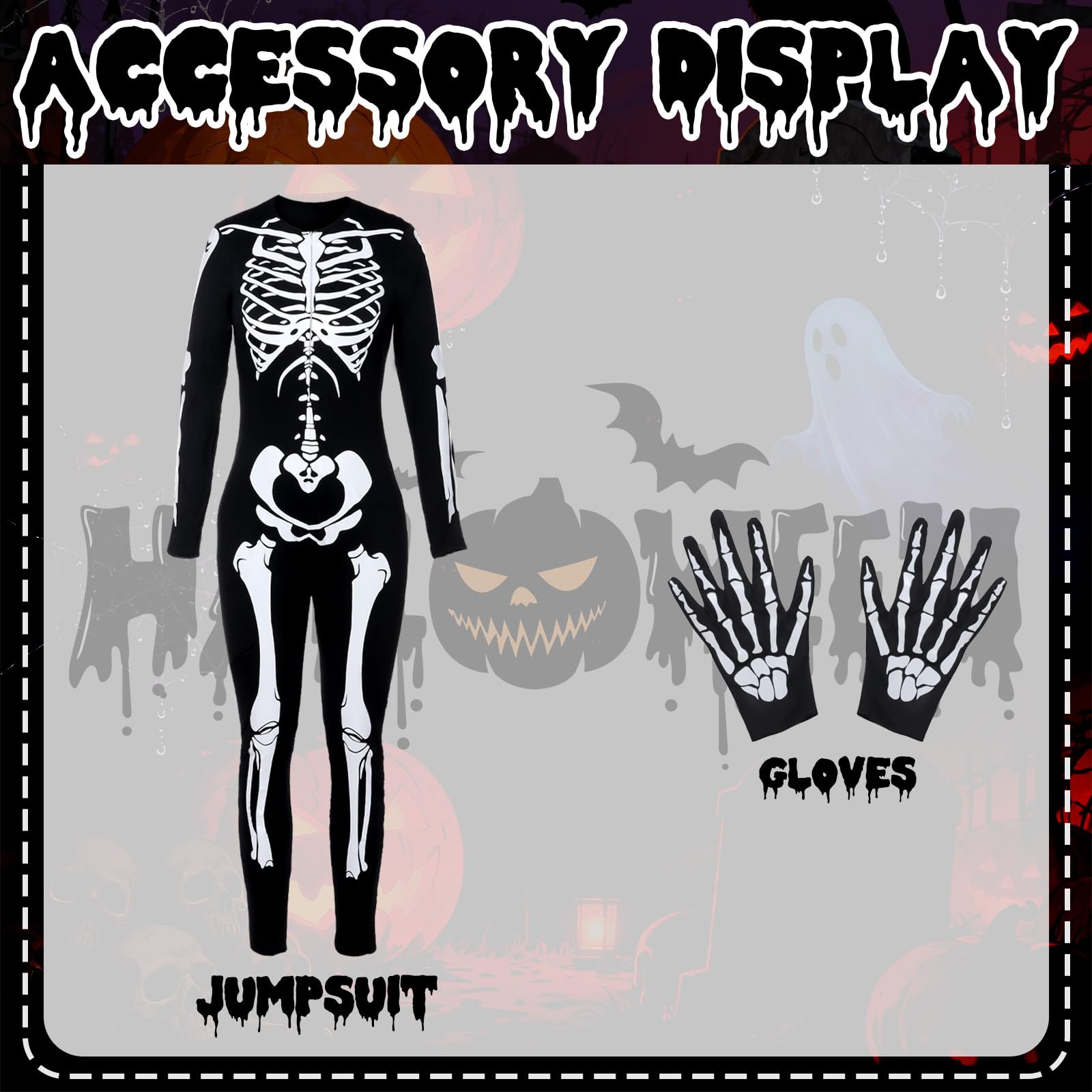 Forfamy Glow in The Dark Skeleton Costume Women for Halloween Adults White Glowing Halloween Zipper Jumpsuit (Style-2, L) - Image 3