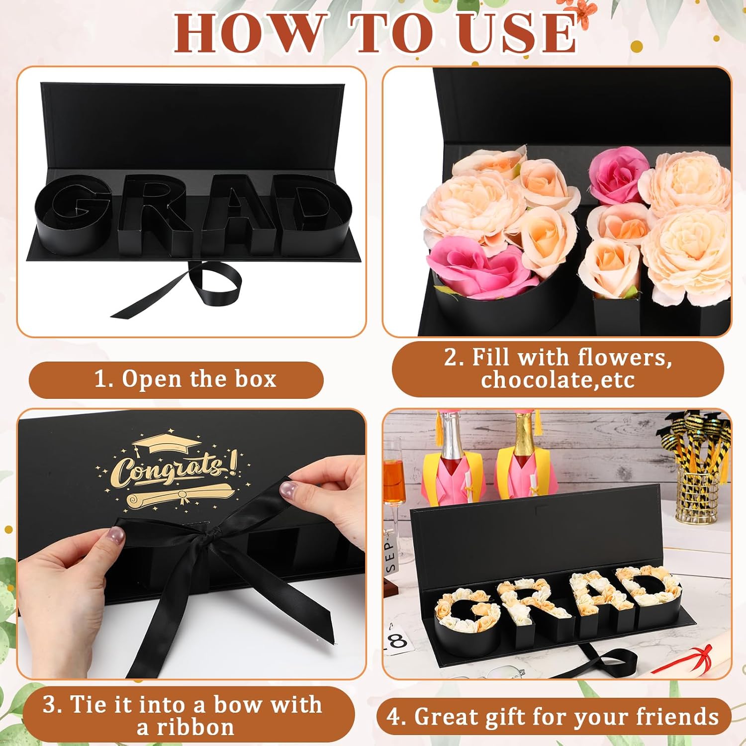 Trandraft Graduation Flower Gift Box Empty Grad Letter Large Flower Box with Ribbon Chocolate Rose Bouquet Package for Graduation Birthday Class Reunion Party Favor Supplies(Black,with Logo)