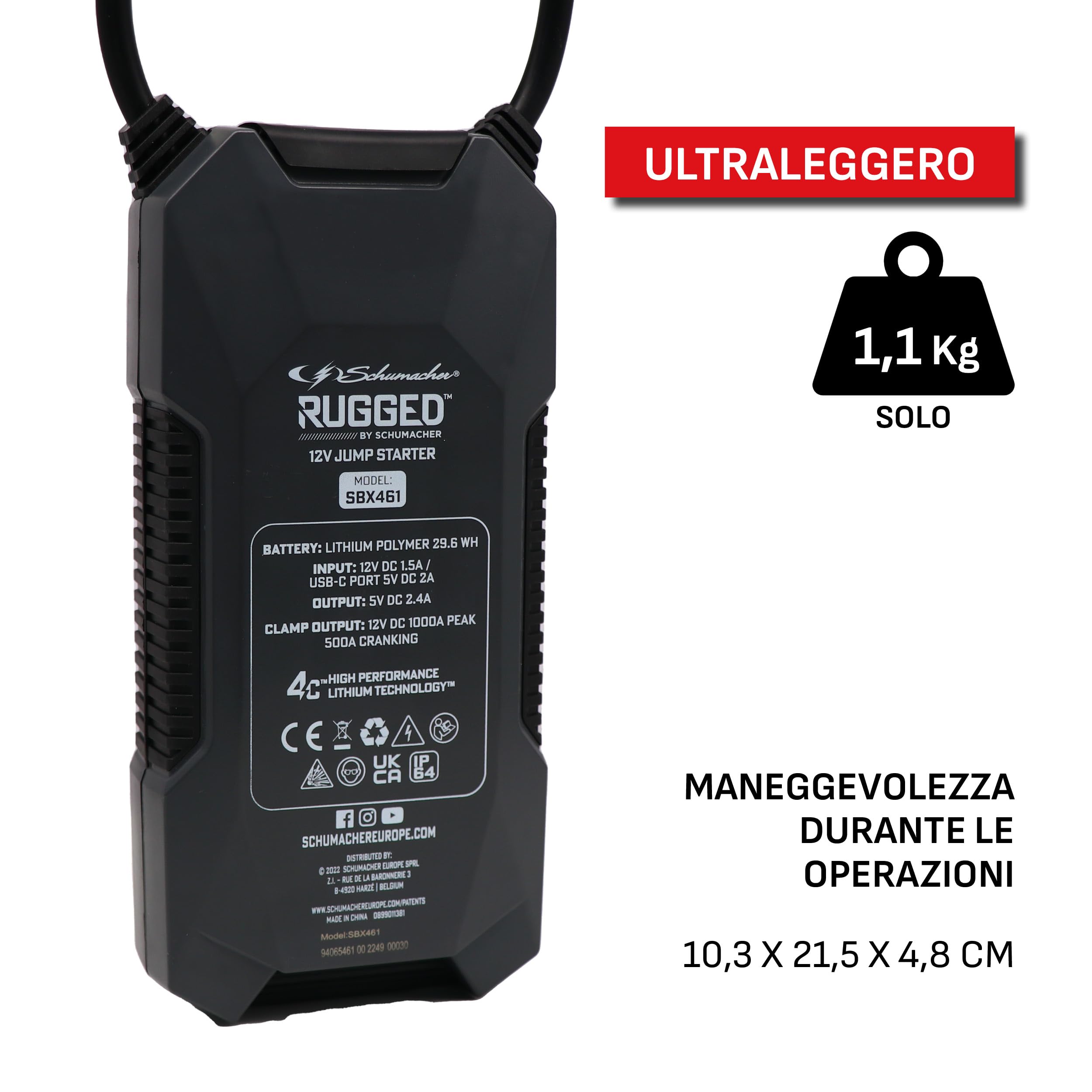 Schumacher Rugged SBX 461 - Booster Batteria Ioni di Litio 1000A 12V - Veicoli fino a 6,0L Benzina / 3,0L Diesel - Torcia Super Potente - Porto USB 2,4A Sortie / 2,0A Entrata - Protezione IP64