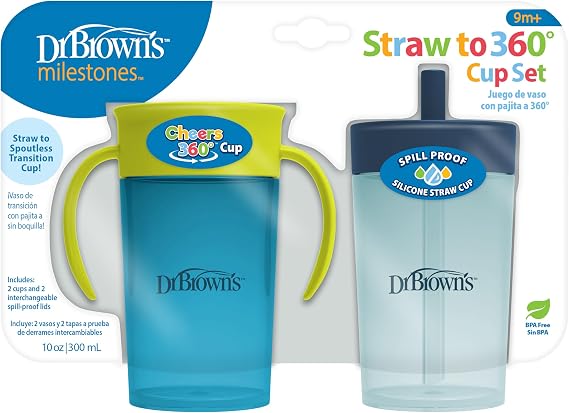 Dr. Brown's Milestones Straw to 360 Cup Set, Convertible Toddler Training Cup Set with Interchangeable Silicone Straw and 360 Degree Cup Lids, Blue Green, 10 oz/300 mL, BPA Free, 9m+, 2 Pack