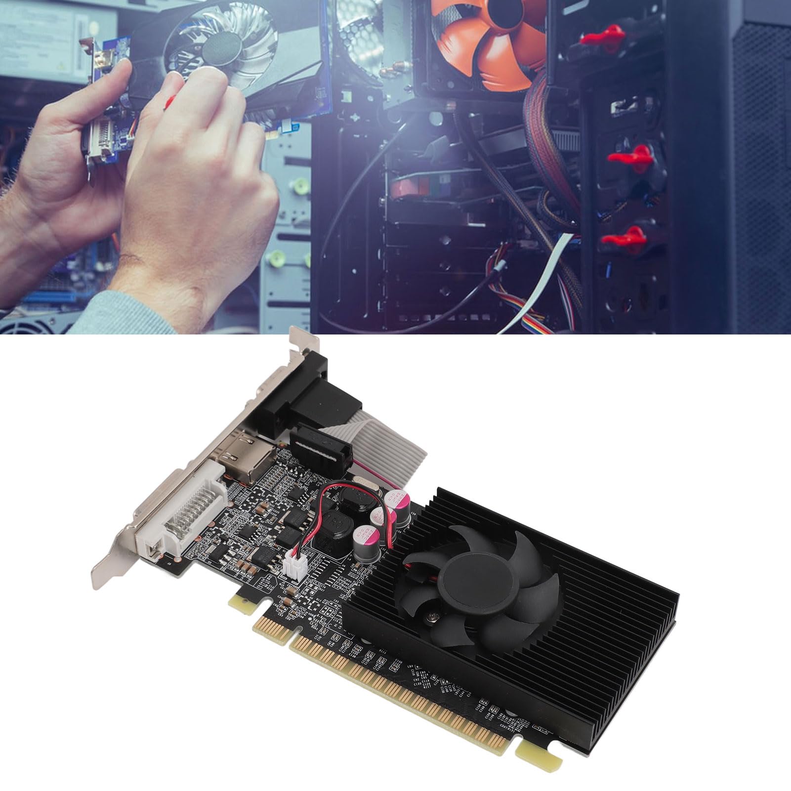 Tarjeta Gráfica GT 210, Tarjeta Gráfica GPU para Juegos PCI Express 2.0 DDR3 de 64 bits, 550 MHz, HDMI DVI VGA con Ventilador de Refrigeración para Juegos de Oficina y PC