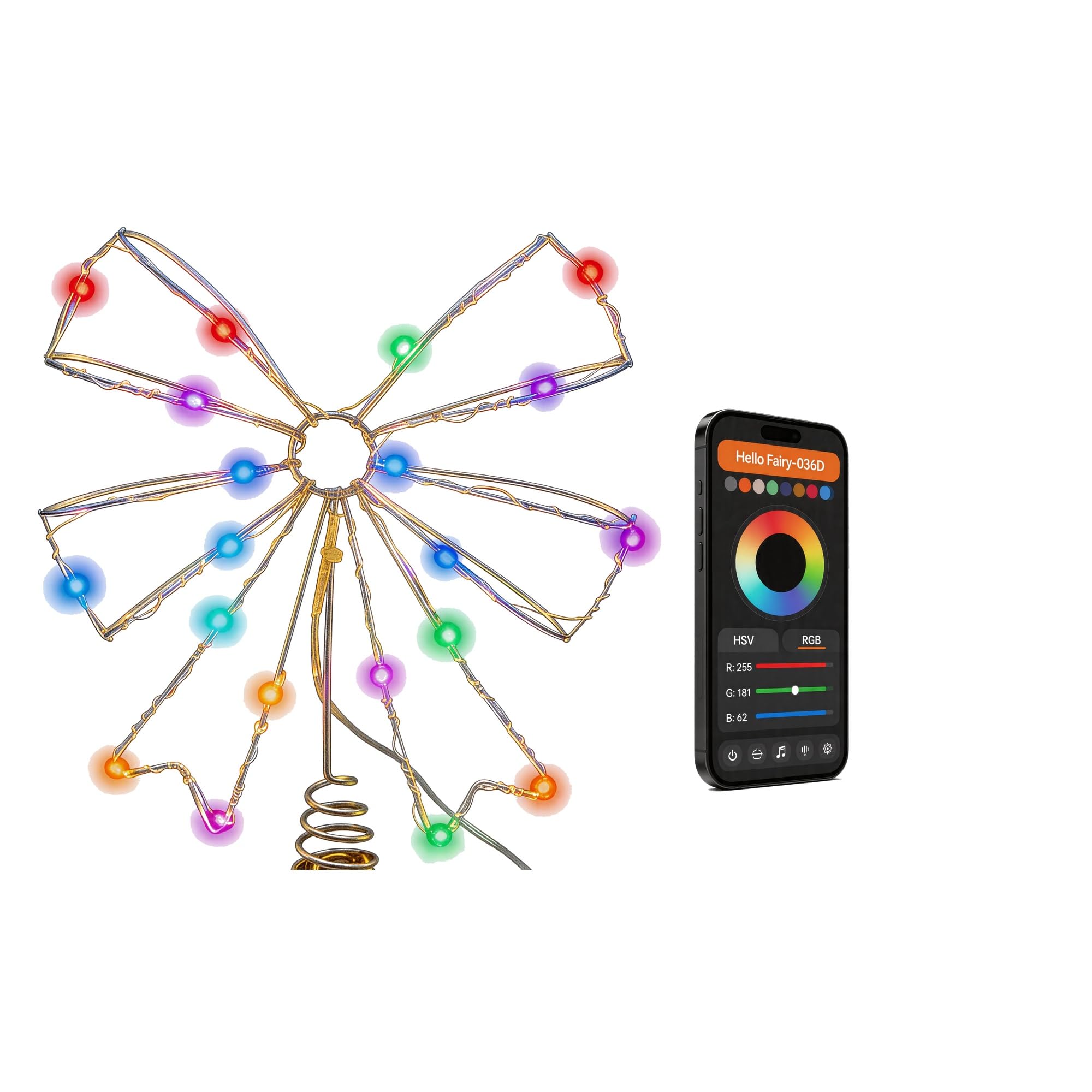 Grand nœud en laiton avec lumières, nœuds dorés, décoration pour sommet de sapin de Noël, application intelligente RVB et télécommande, décoration de sapin de Noël pour intérieur ou extérieur