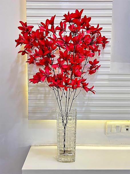 ARTSY Artificial Flowers for Decoration Mangolia Flower Bunch for vase, Home Decor, Office Decor, Artificial Plant, Gift, Craft, Without vase, Red, Pack of 1 Piece, 75 cm Height, Fabric
