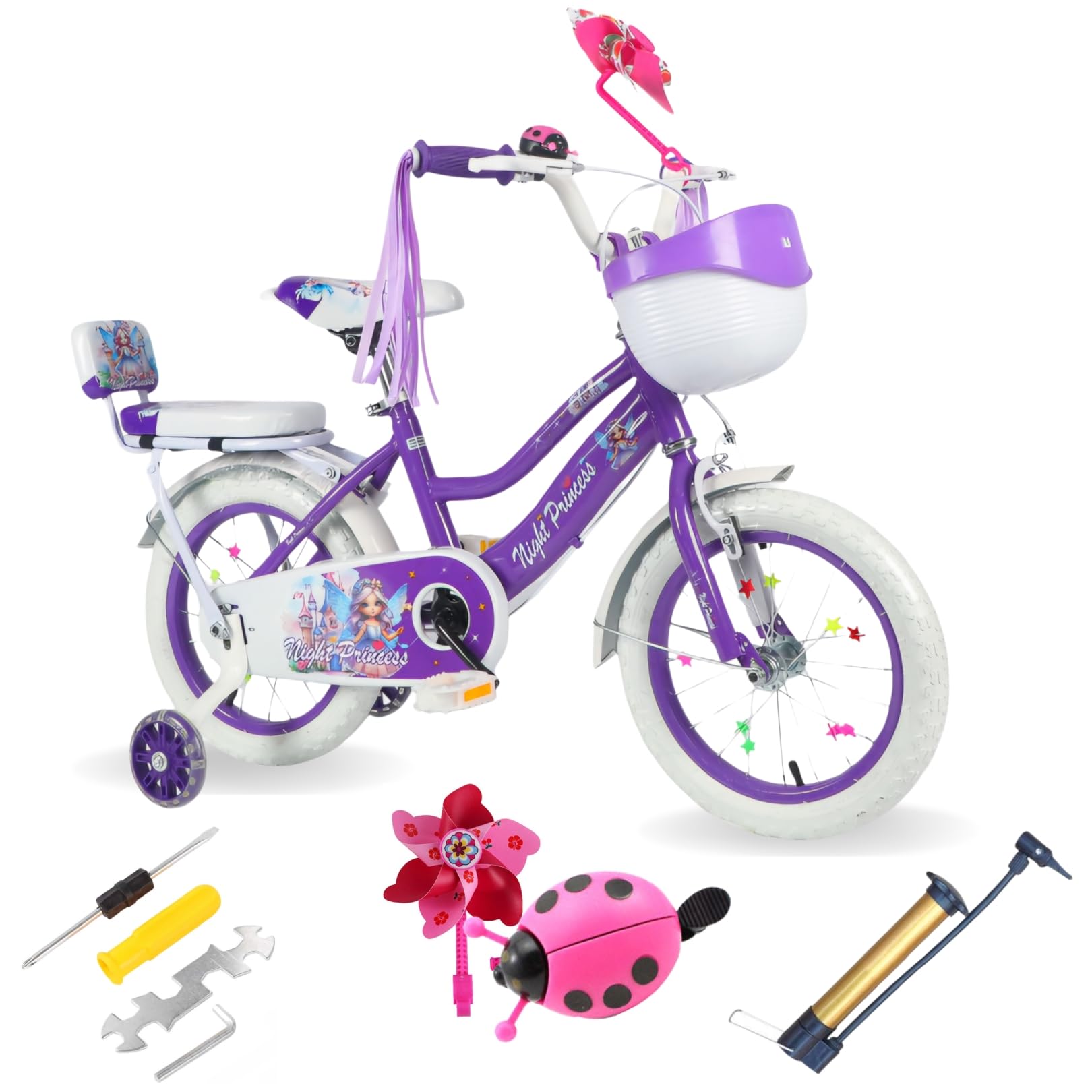 Princess Girls Bike, 12, 14, 16 Inch, Pink/Purple and White, with Training Wheels, Basket & Streamers, Ladybug bell, Assembly Tools & Pump (Purple, 12 inch)