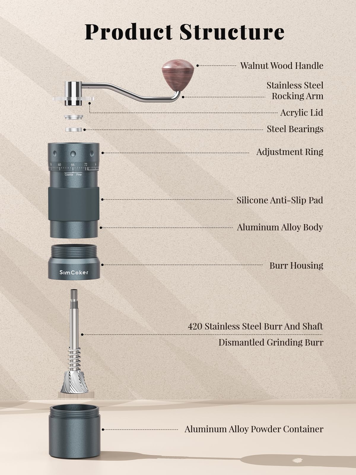 Manuelle Kaffeemühle mit 16μm externer Mahlgradeinstellung, Präzisionsmühle für Espresso & Pour Over, CNC Edelstahl-Kegelmahlwerk, Aluminiumgehäuse, Bohrmaschinen-kompatibel, Grau