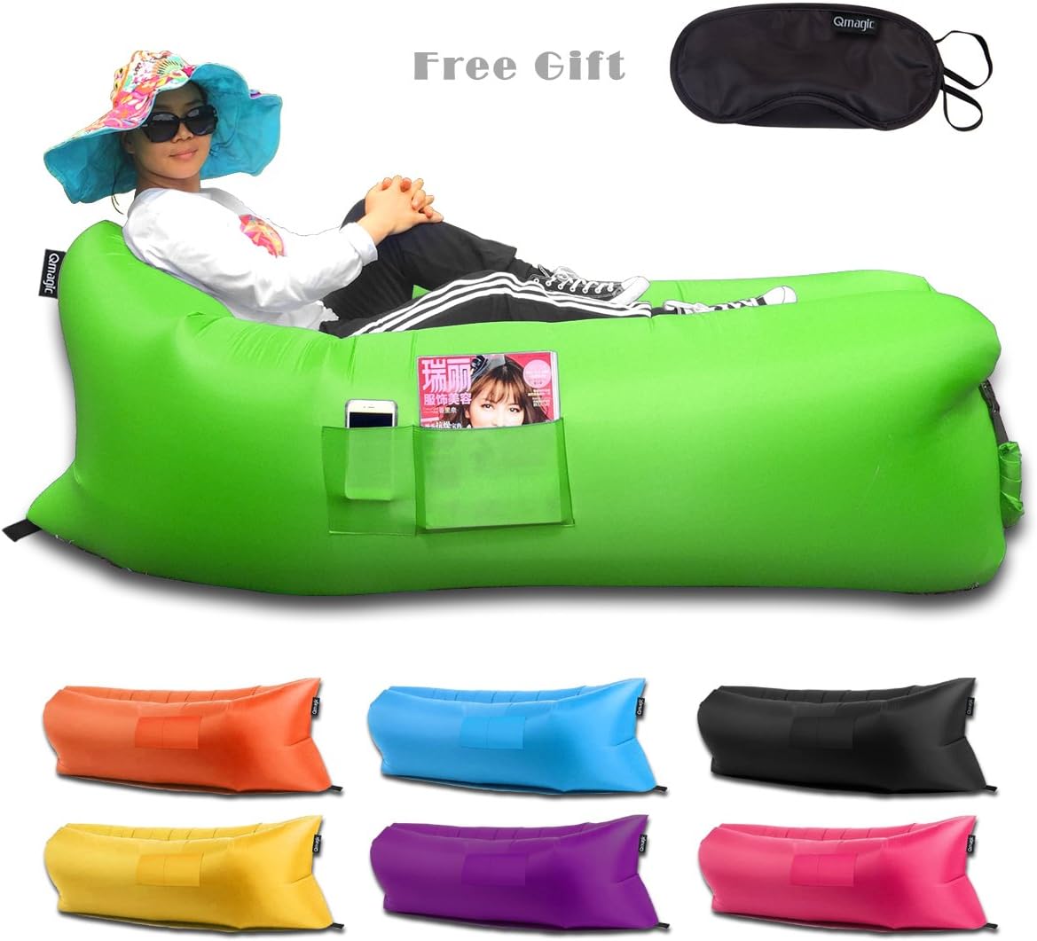 Qmagic Inflatable Lounger Outdoor Fast Inflatable Lounger Camping Bed Beach Lounger Hangout Bean Bag Air Hammock Lazy Sofa Couch Kaisr Original Air Bag Portable Dream Chair (Grass Green)