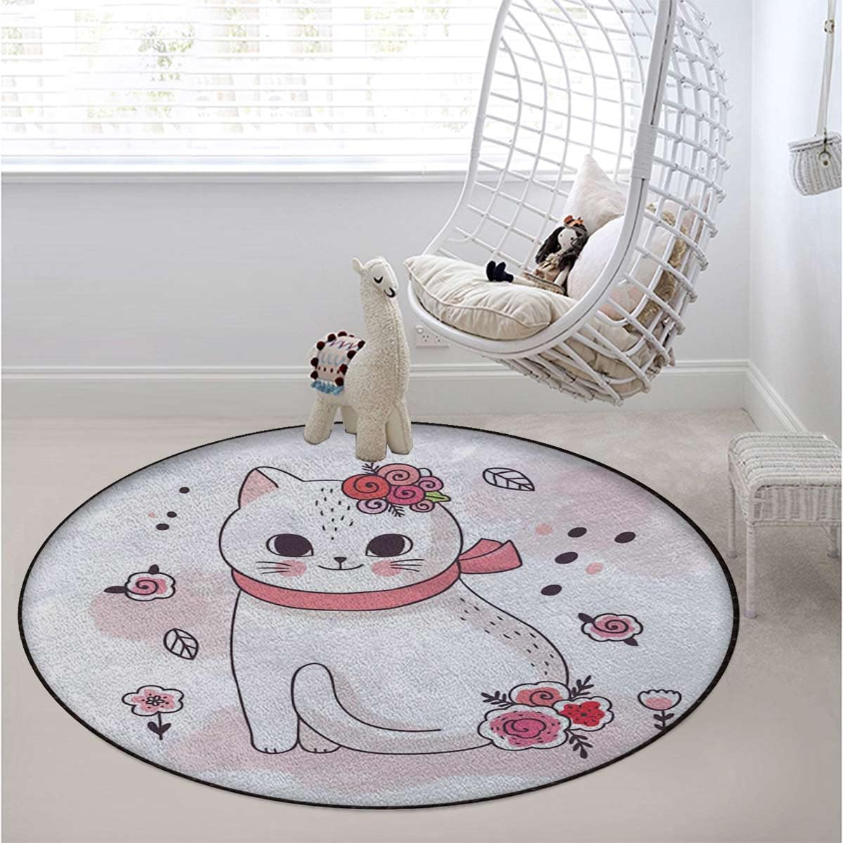 Grey White Pink Office Chair Mat Non Slip Round Floor Mat for Hardwood Floor and Protector for Rolling Chair White Cat Pink Cheeks Pet Themed Diameter 55 in