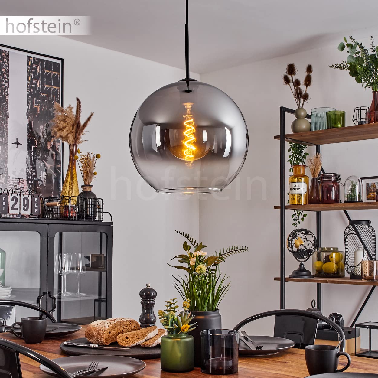 HOFSTEIN Hängeleuchte Koyoto, 1-flammige Hängelampe aus Metall/Glas in Schwarz/Rauchfarben/Klar, moderne Pendelleuchte im Retro/Vintage-Design, Ø 30 cm, E27, Esszimmer, Küche, Wohnzimmer