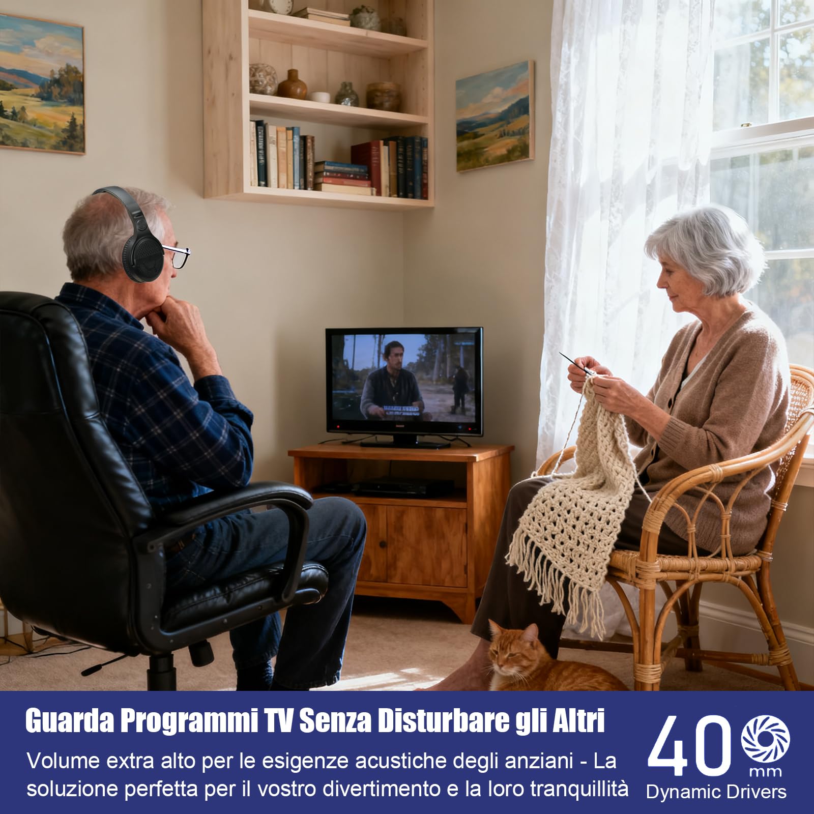 Cuffie TV Wireless per Anziani con Pulsanti Grandi, Base Ricarica Trasmettitore RF 2.4GHz, Supporto Uscite Ottico/RCA/AUX, Cuffie Bluetooth Over-Ear con 3 Modalità EQ, Portata 30m Senza Ritardo Audio