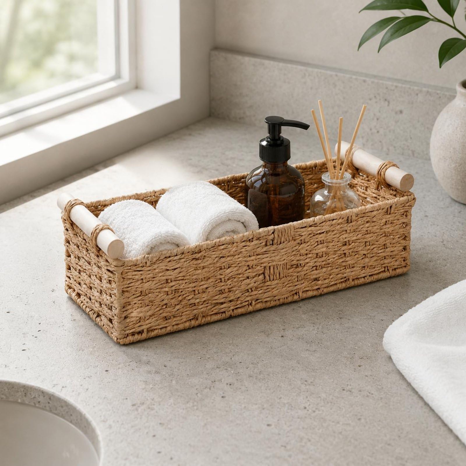 F Fityle Cesta de Almacenamiento de Cuerda de Papel Cesta Caja Organizador Rectangular con Asas de Madera y Toque Rústico Armazón de Alambre para Mayor, Verde