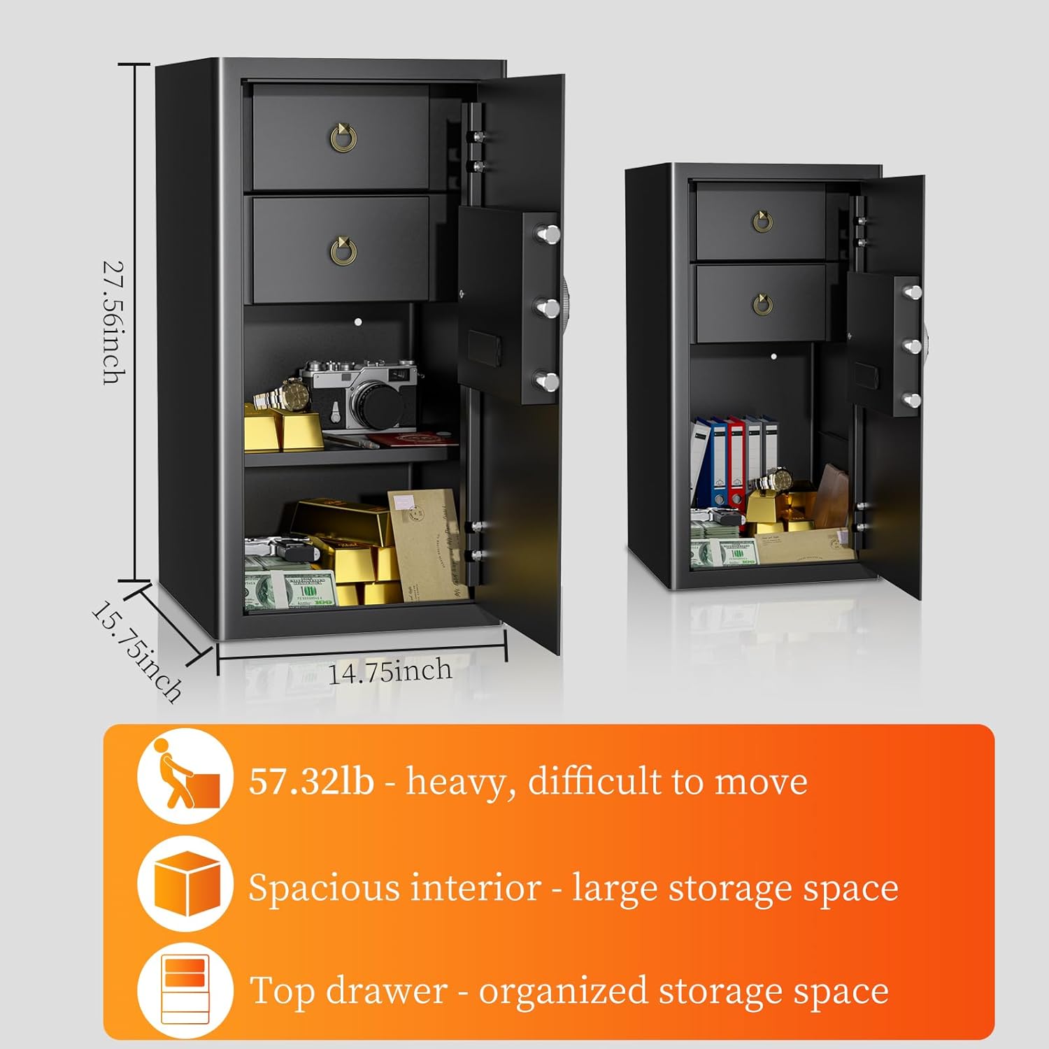 Dimensions of the WASJOYE safe and its internal storage capacity