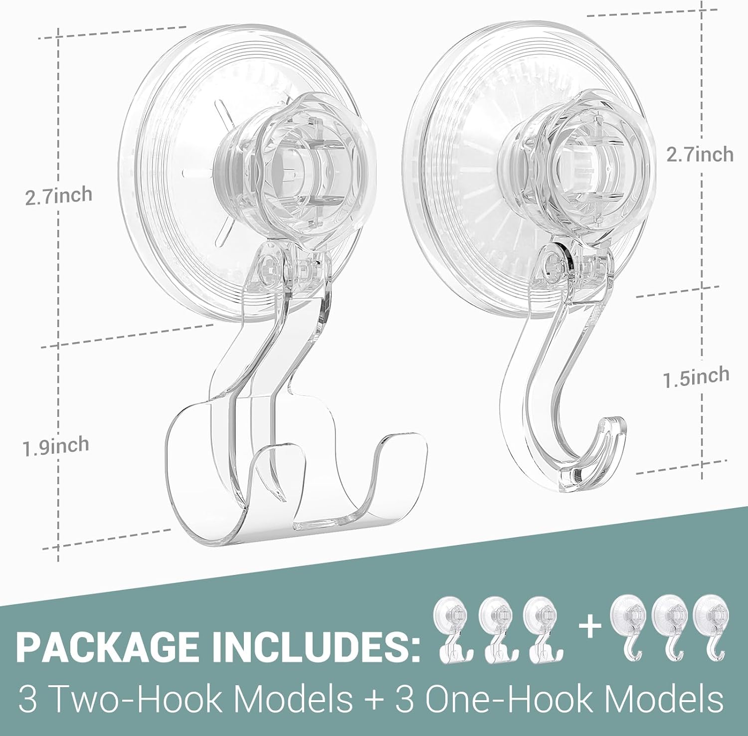 Suction Cup Hooks, BUDGET & GOOD Reusable Waterproof Shower Hook, 6Pcs Vacuum Suction Hooks - Razor Holder - Wreath Hook - Multi-Use for Bathroom Kitchen Office, Storage & Organization for Accessories