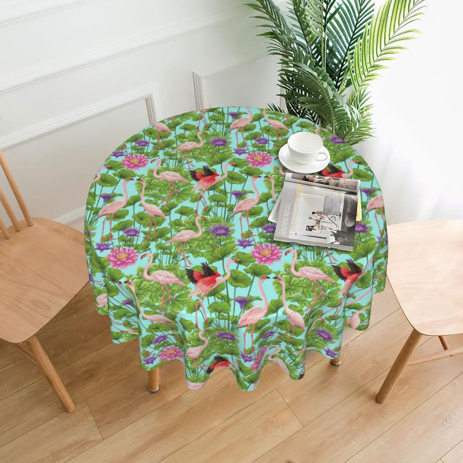 Nbtghga Flamingo Love Flowers Print Tablecloth Round Border Table Cloth Cover Decorative For Party Holiday Dinning Tabletop Home