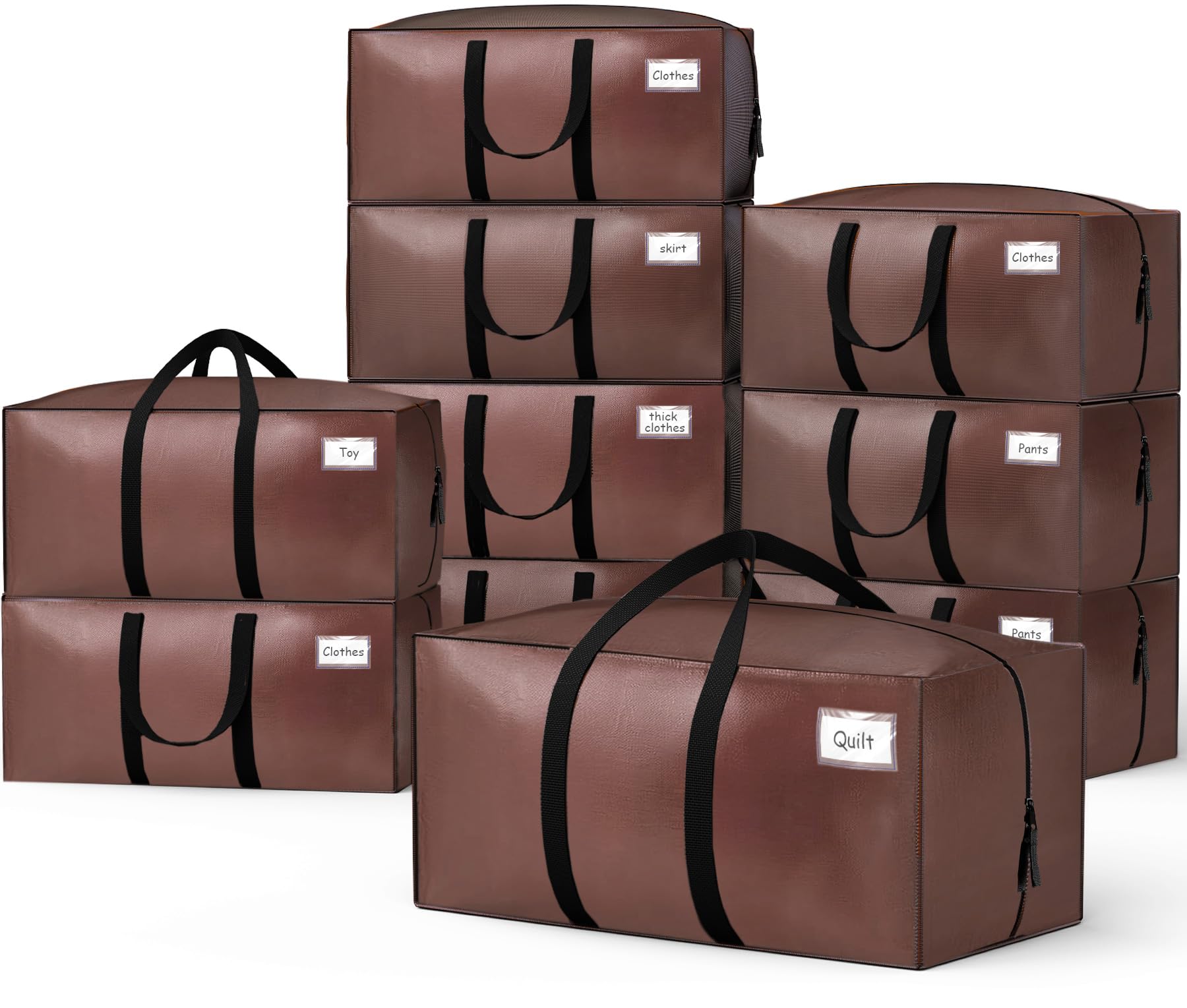 VOUNOT® Pack de 10 Bolsas de Mudanza Grandes con Asas y Correas de Mochila, Bolsas de Almacenamiento Resistentes para Guardar Ropa y Embalar, Marrón