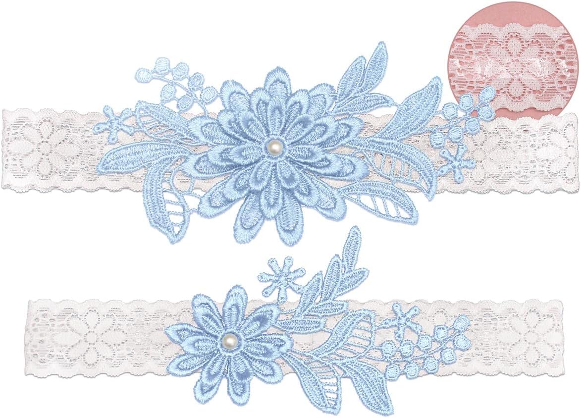 White Wedding Garters for Bride, Non Slip Silicone Lace Bridal Garters Set with Pearls Plus Size