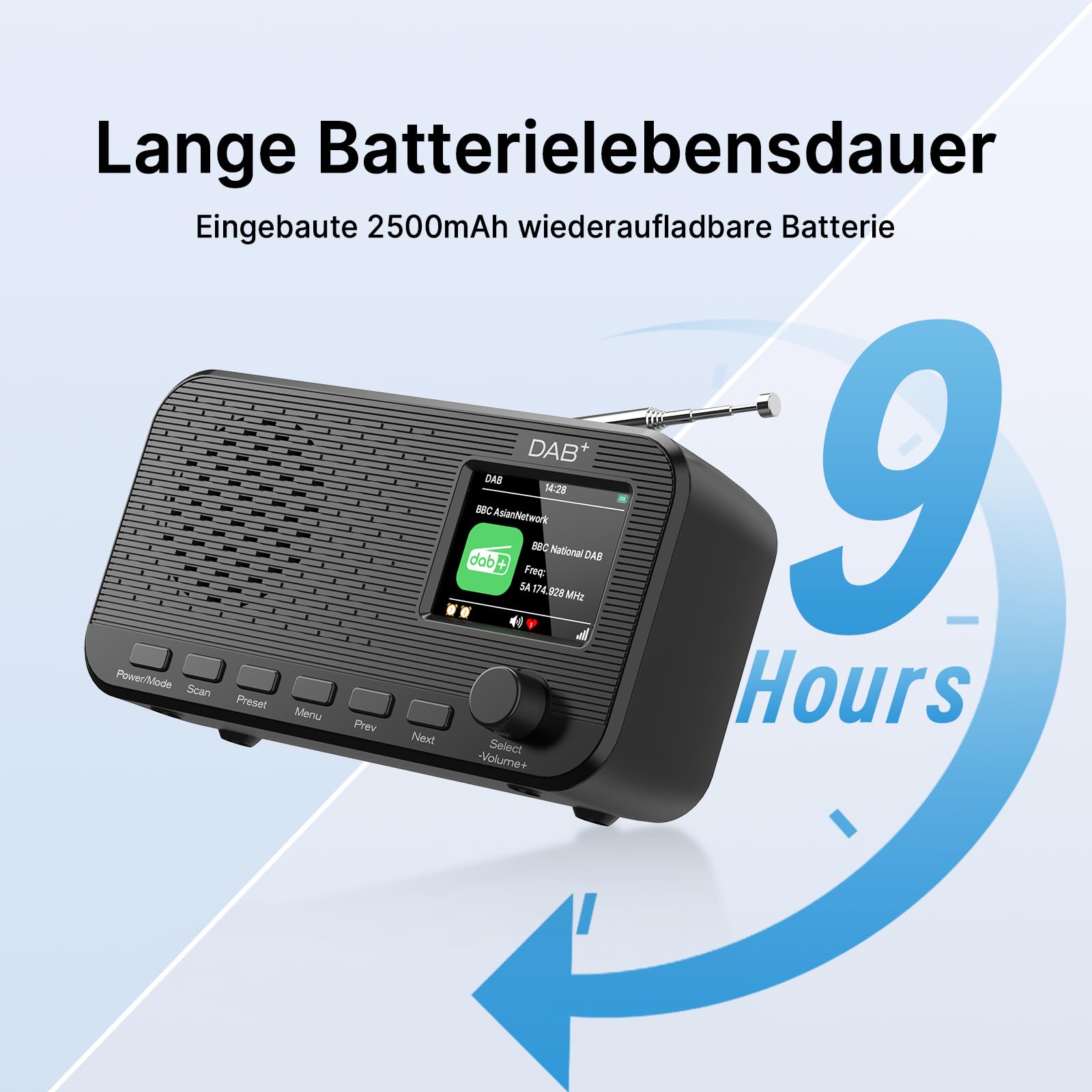 DAB Radio mit Bluetooth, wiederaufladbares UKW-Digitalradio, Radios batteriebetrieben, tragbares DAB+ Radio, Küchenradio mit 80 Voreinstellungen, 2,4-Zoll-Farbdisplay, Dual-Wecker, Sleeptimer