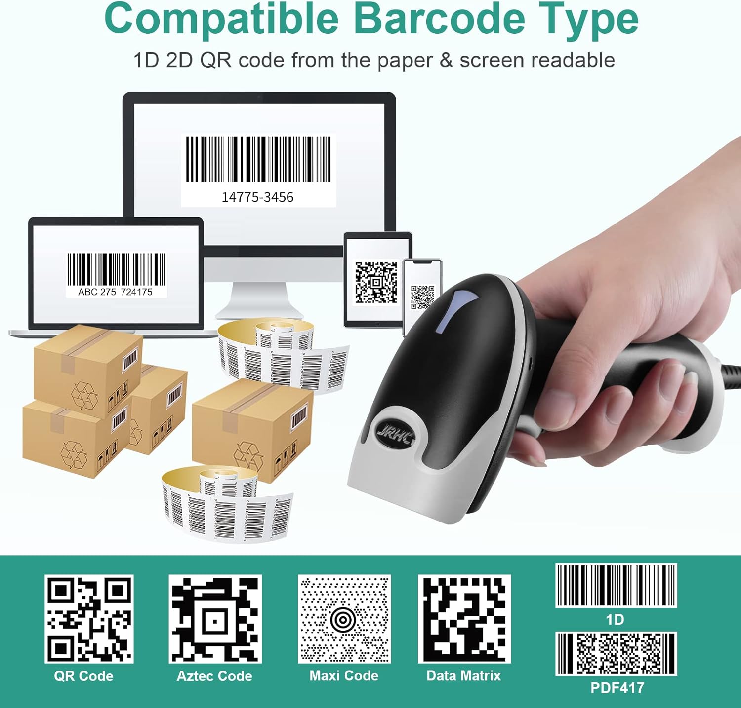 JRHC barcode scanner scanning various 1D and 2D barcodes including QR, Aztec, Maxi, Data Matrix, and PDF417.