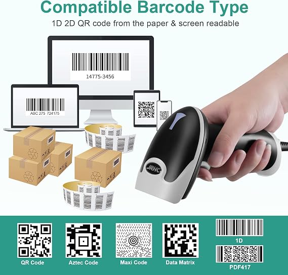 Barcode Scanner, Handheld USB Barcode Scanner Wired Connection Barcode Reader 1D 2D PDF417 QR Data Matrix Automatic Plug&Play Bar Code Scanners for Desktop Store Supermarket Warehouse Library