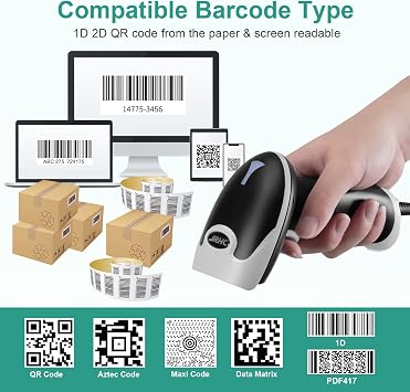 Barcode Scanner, Handheld USB Barcode Scanner Wired Connection Barcode Reader 1D 2D PDF417 QR Data Matrix Automatic Plug&Play Bar Code Scanners for Desktop Store Supermarket Warehouse Library
