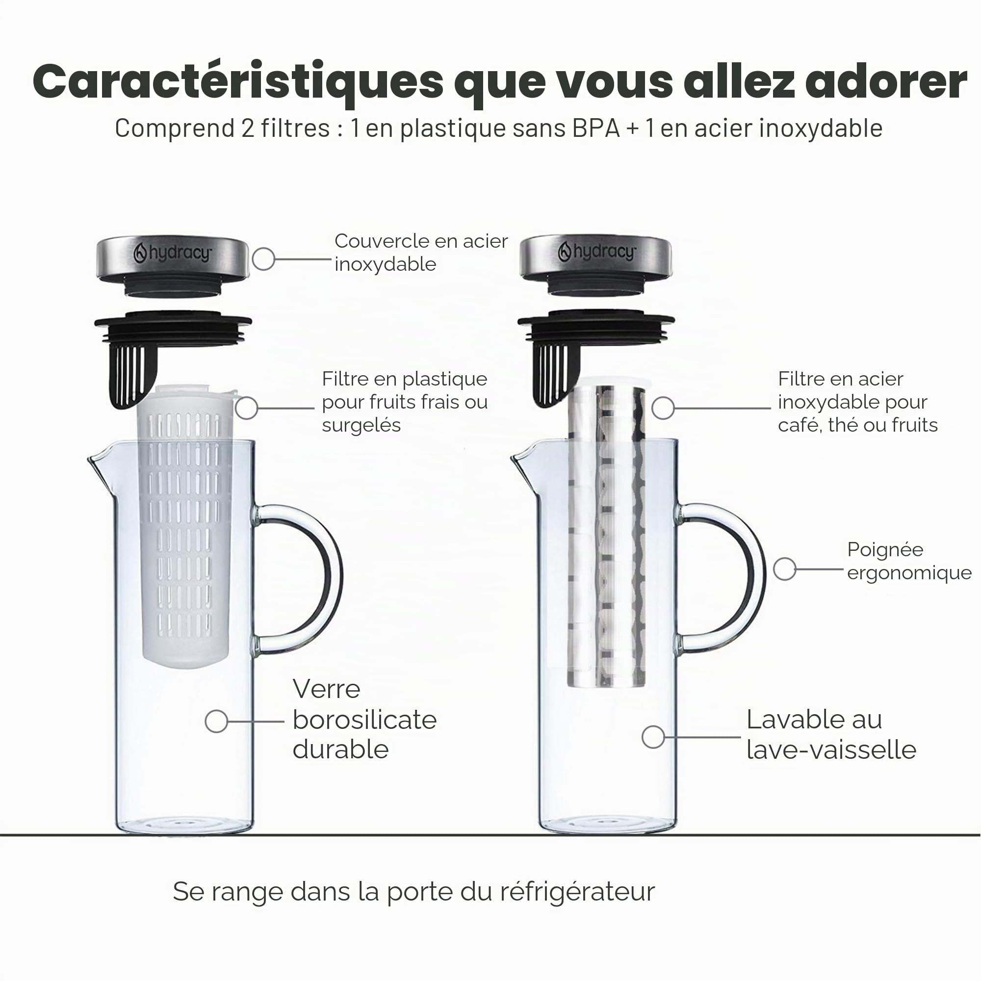 Cafetière Hydracy 1,5L Verre Borosilicate Acier Inox pour Café Thé Glacé Infusion Fruits