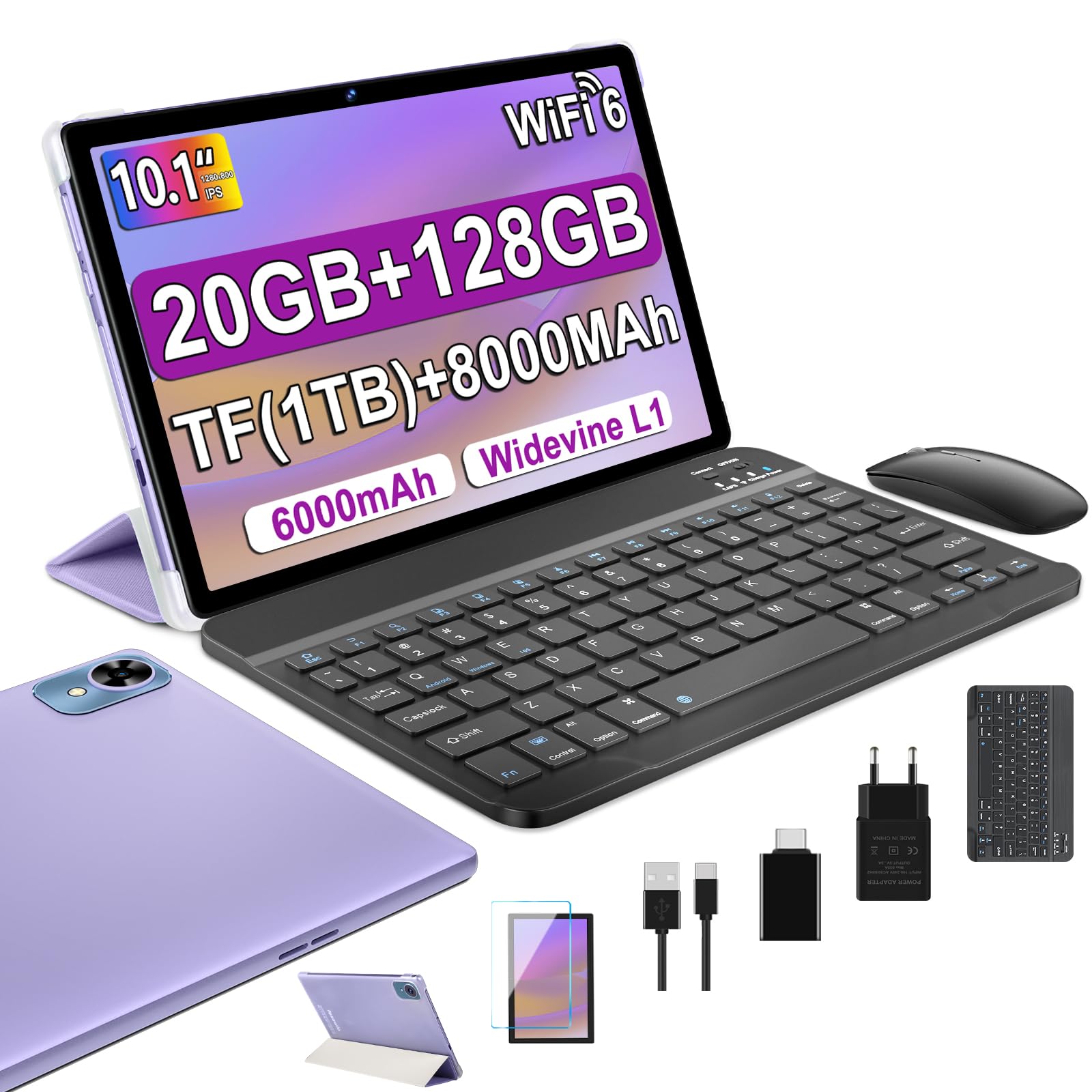 fezawio Tablet Android 14 10 Pollici - 5G & Wi-Fi 6, 20 GB RAM 128 GB ROM (Espandibile 1 TB) - Octa-Core, GMS, Widevine L1-6000 mAh, Fotocamere 8MP+5MP - Pacchetto Completo con Tastier - Viola