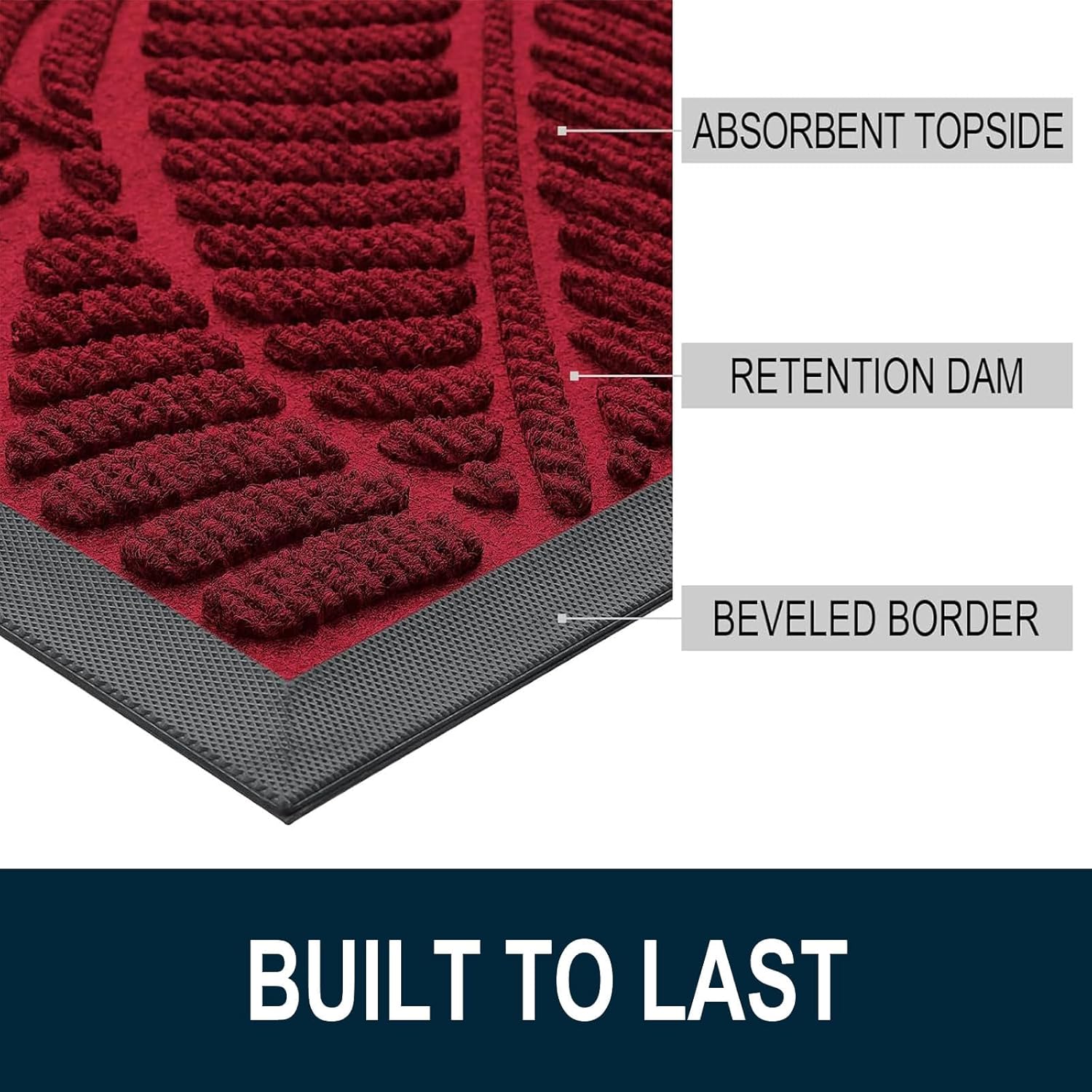 Colorxy Waterproof Doormat, Sturdy Natural Rubber Front Indoor Mat, Non Slip Low Profile Indoor Outdoor Door Mats, Stain and Fade Resistant Floor Mats, Easy Clean Patio Entry Mat, 30''x17'', Burgundy