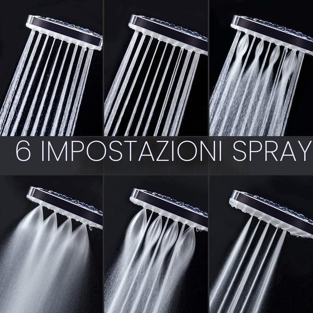 Newentor Soffione Doccia [TESTSIEGER], Soffione Doccia ad Alta Pressione con 6 Modalità di Getto, Quadrato, Argento (con Limitatore di Portata)