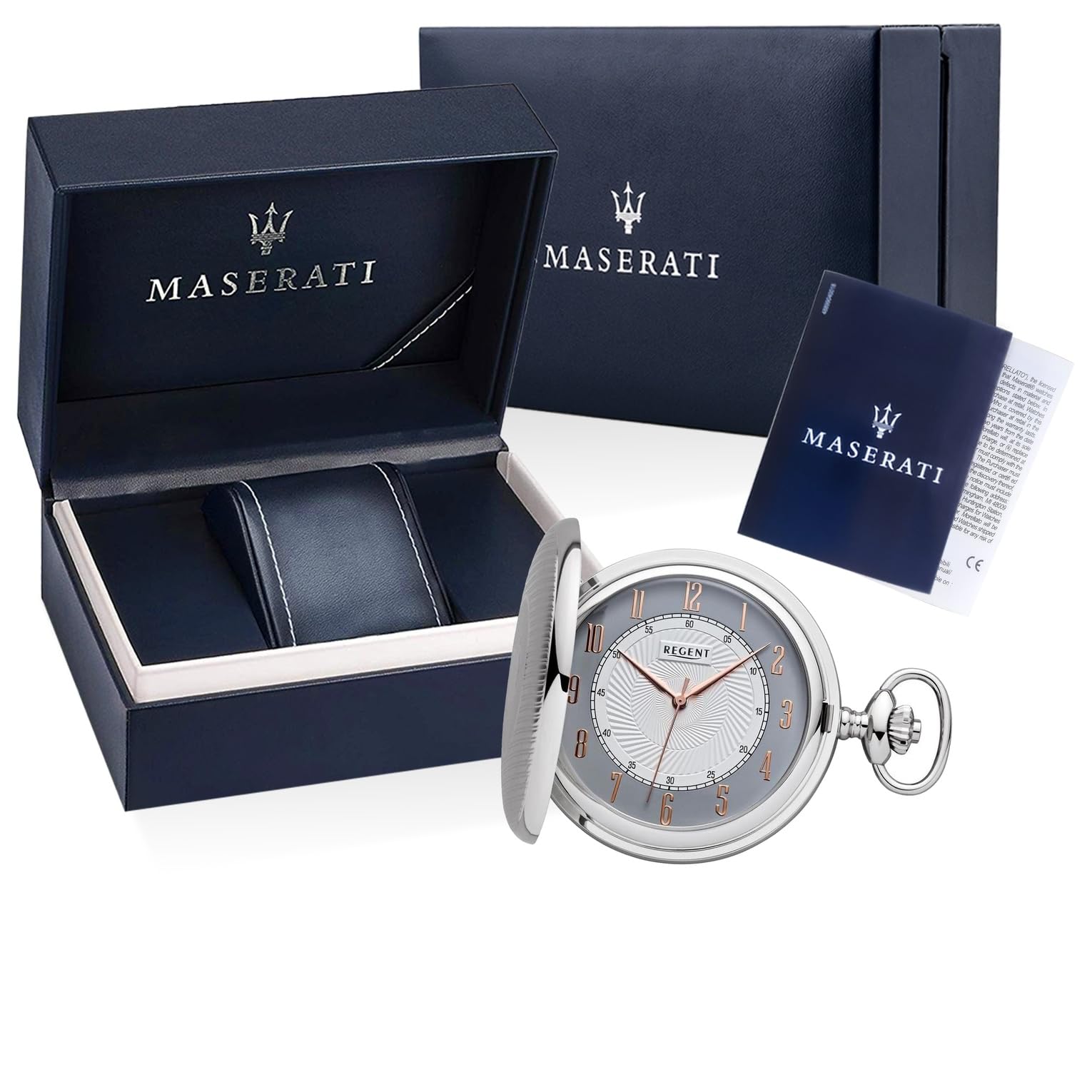 REGENT Herren Taschenuhr Savonnette Klappdeckel Verchromt 50 MM Quarz Weiß Graues Zifferblatt Arabische Zahlen