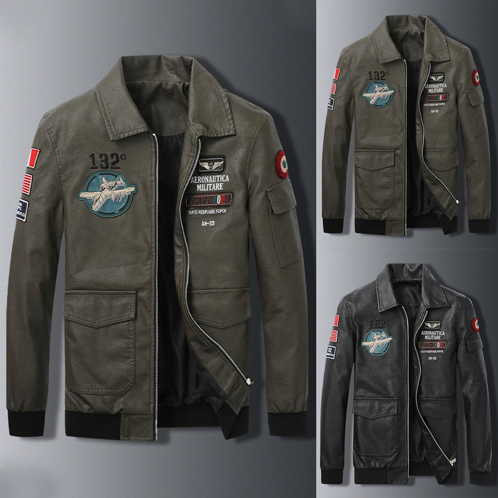 Generisch Giacca in pelle da uomo calda giacca invernale da pilota con distintivo aviatore, giacca softshell bomber stile militare, giacca da aviatore, giacca in pelle sintetica
