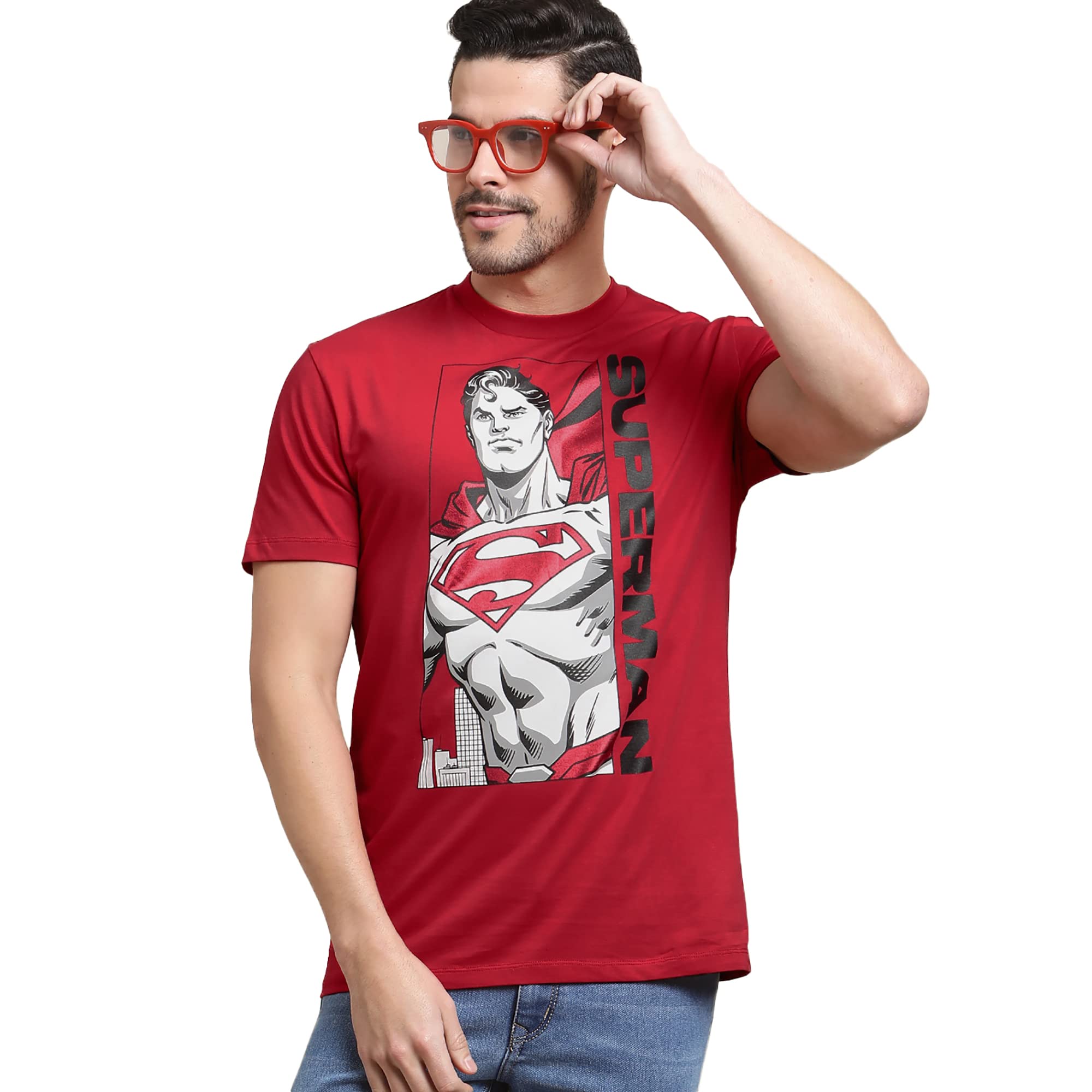 Free AuthoritySuperman Printed Regular Fit Red Cotton Men's T-Shirt