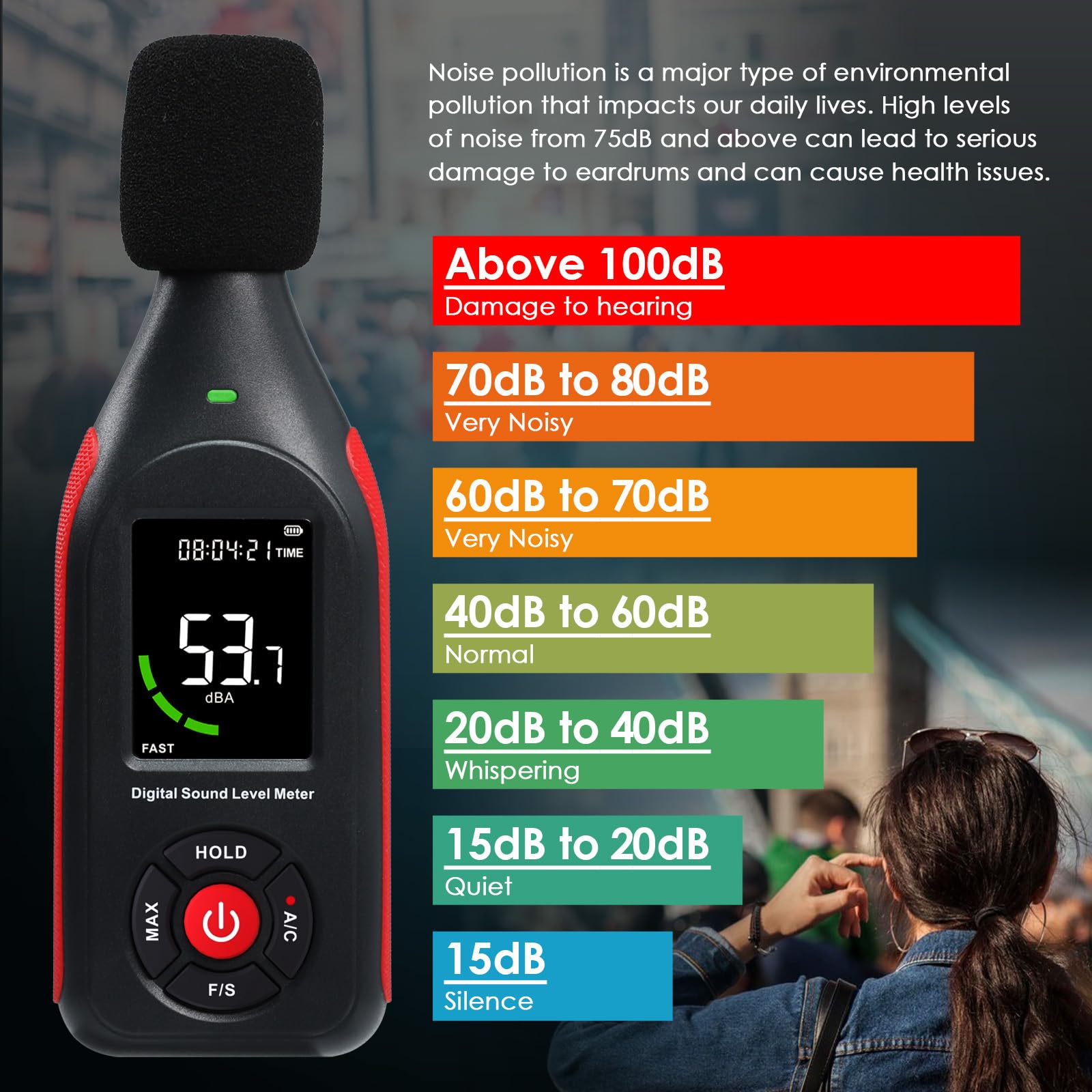 Decibel Meter Data Logger Sound Level Meter with 3-Color Display and Alarm — Amazon image 6